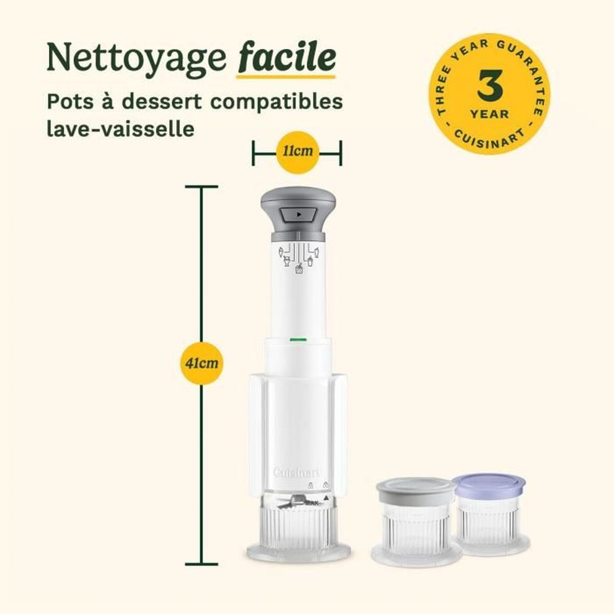 Dispositivo Cuisinart: alto 41cm, largo 11cm, con 2 contenitori e garanzia 3 anni.