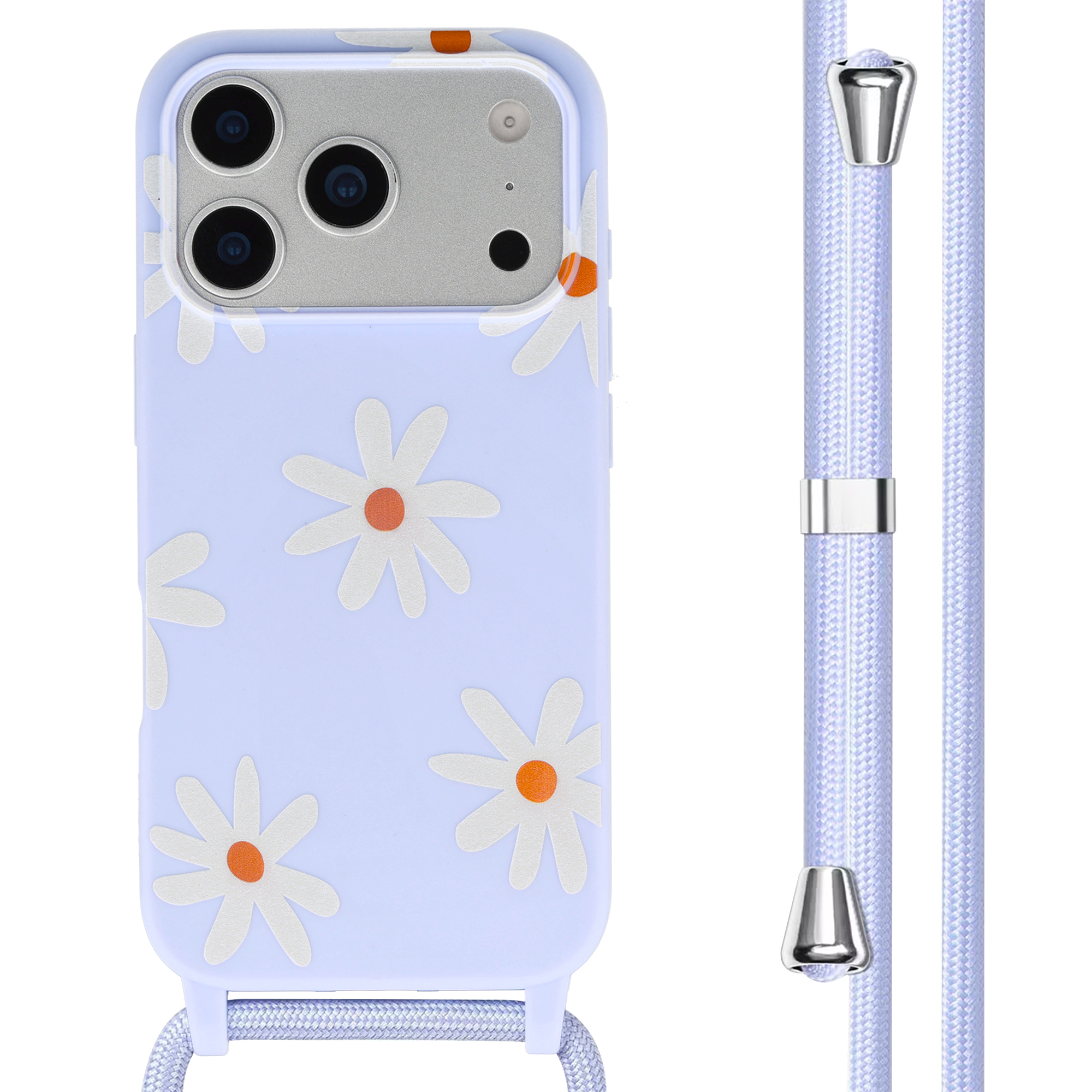 Een lichtpaarse telefoonhoes met witte madeliefjes en koord.