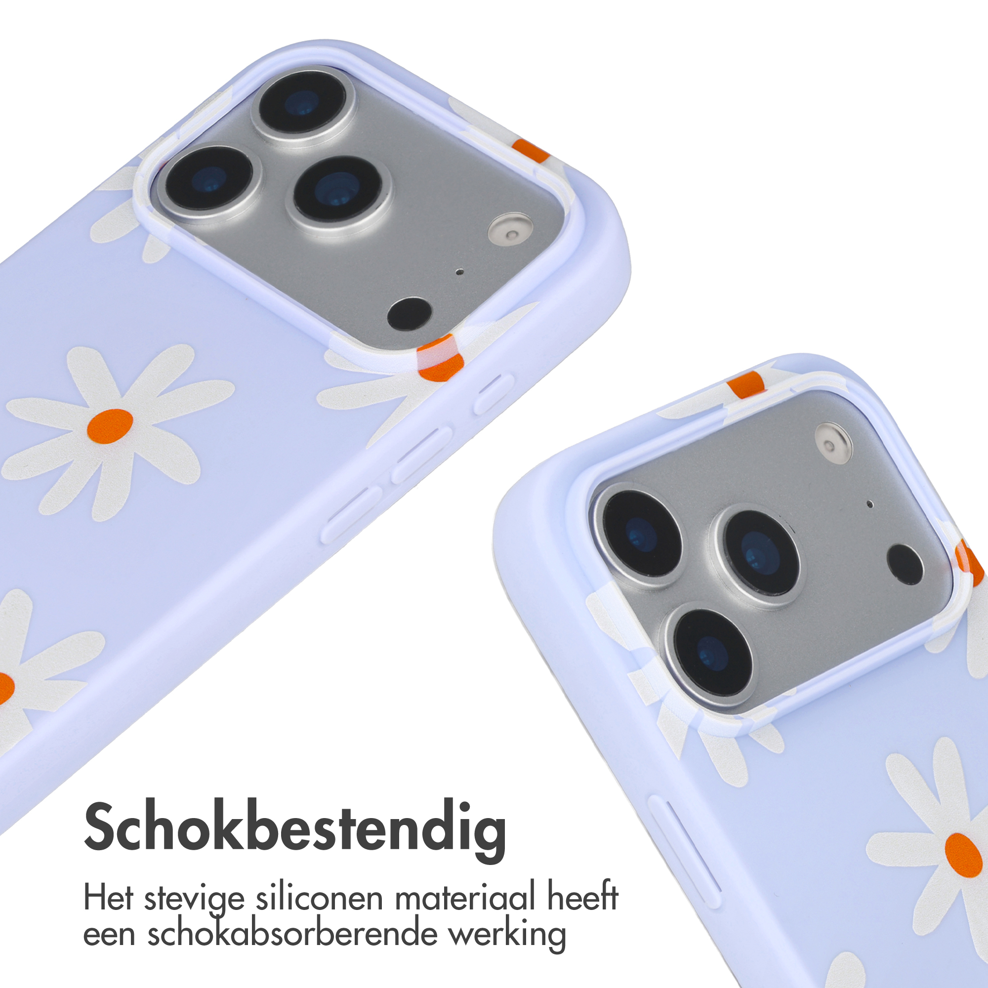 Een lichtpaarse telefoonhoes met madeliefjespatroon en drie cameralenzen.