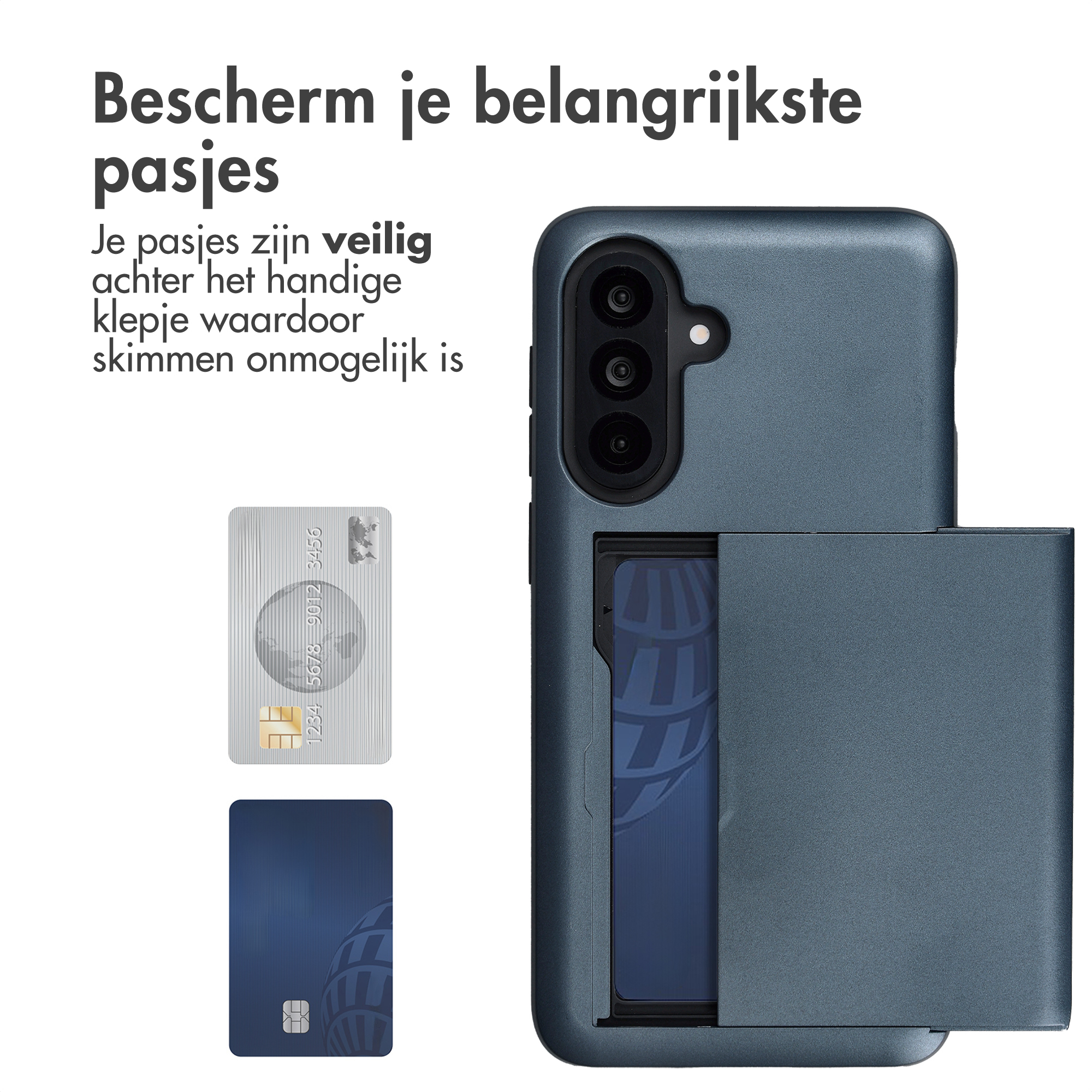 Grijze telefoonhoes met kaartsleuf, toont creditcards en beschermt tegen skimmen.