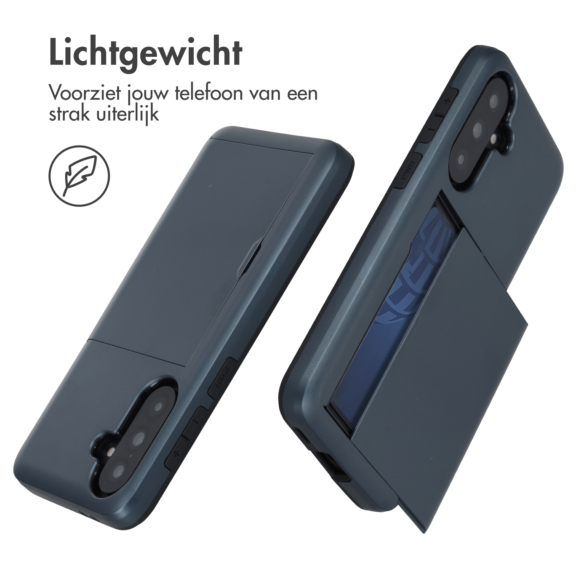Twee donkerblauwe telefoonhoesjes met kaarthouder, één met open klep.