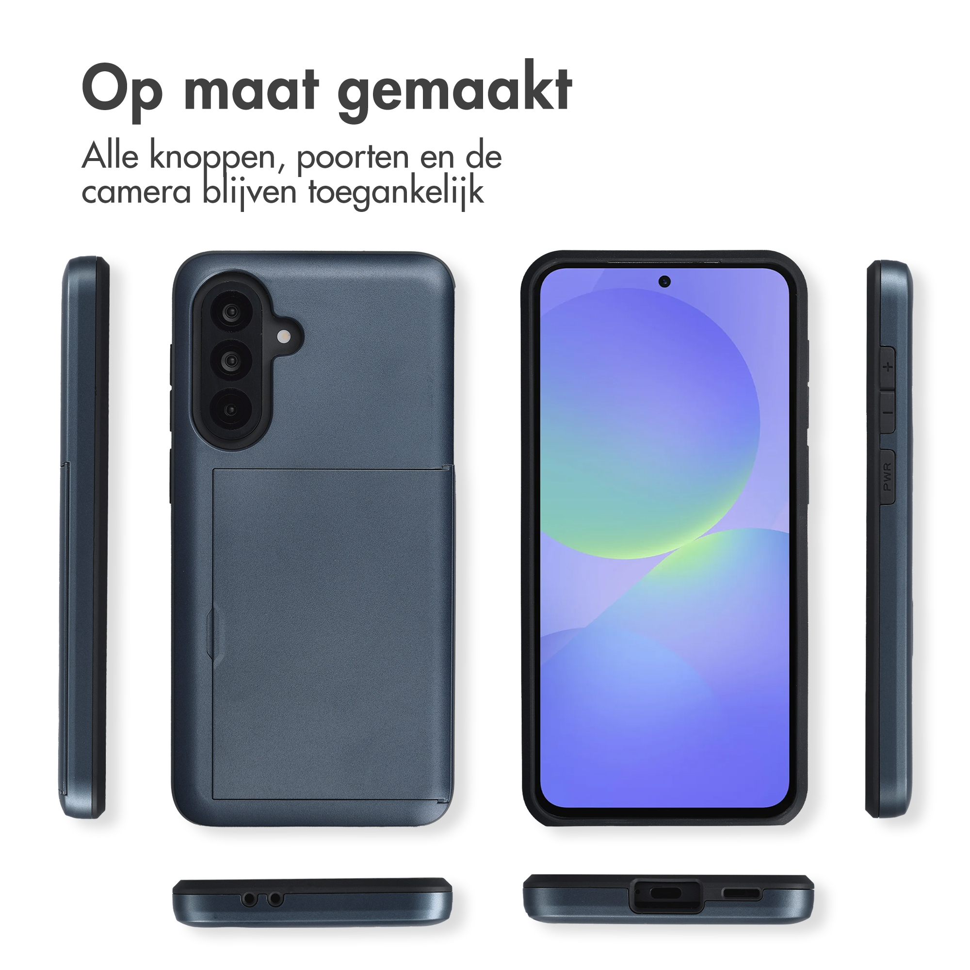 Drie weergaven van een blauwe telefoonhoes met smartphone. Bovenaan: tekst.