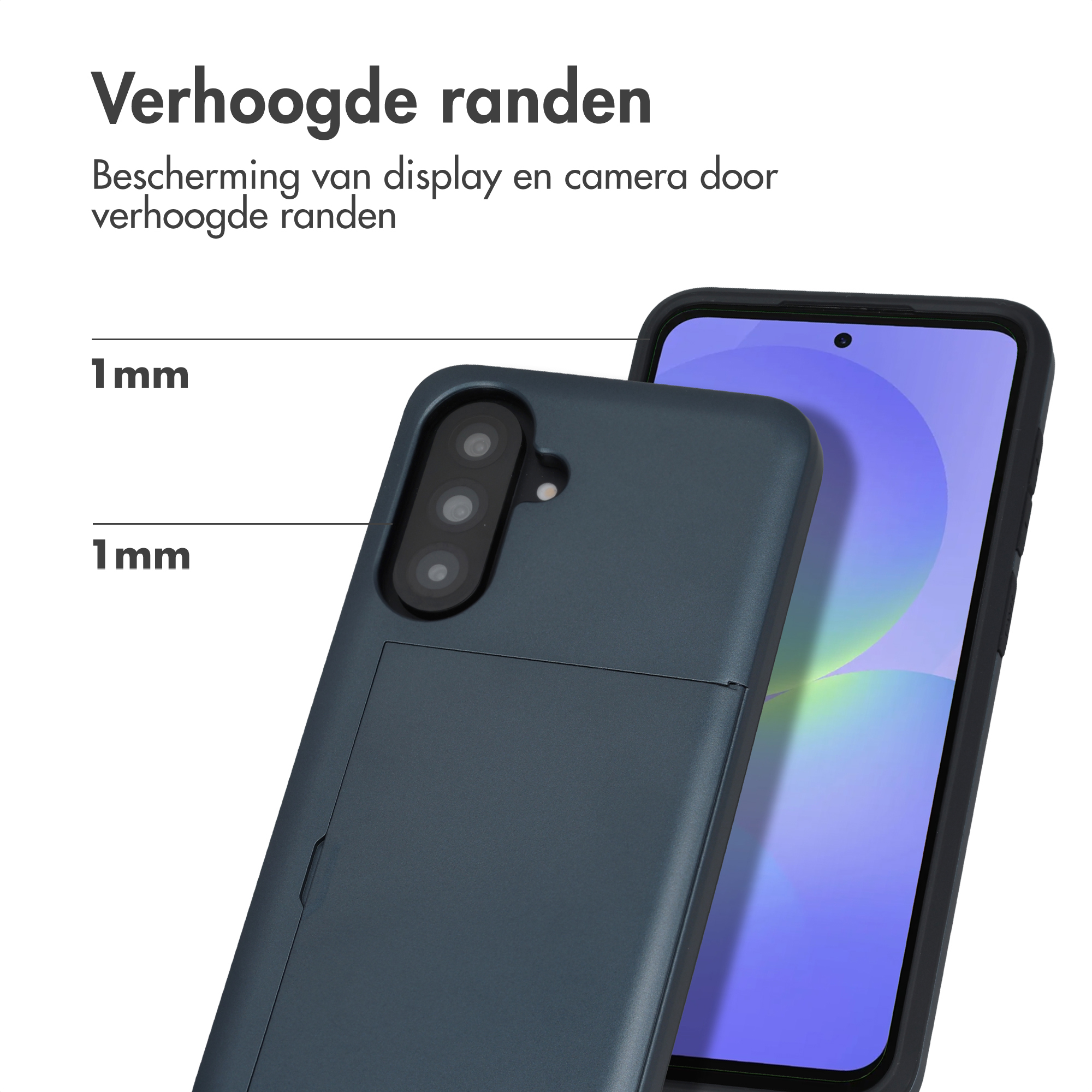 Donkergrijs telefoonhoesje met drie camera's en tekst "1mm".