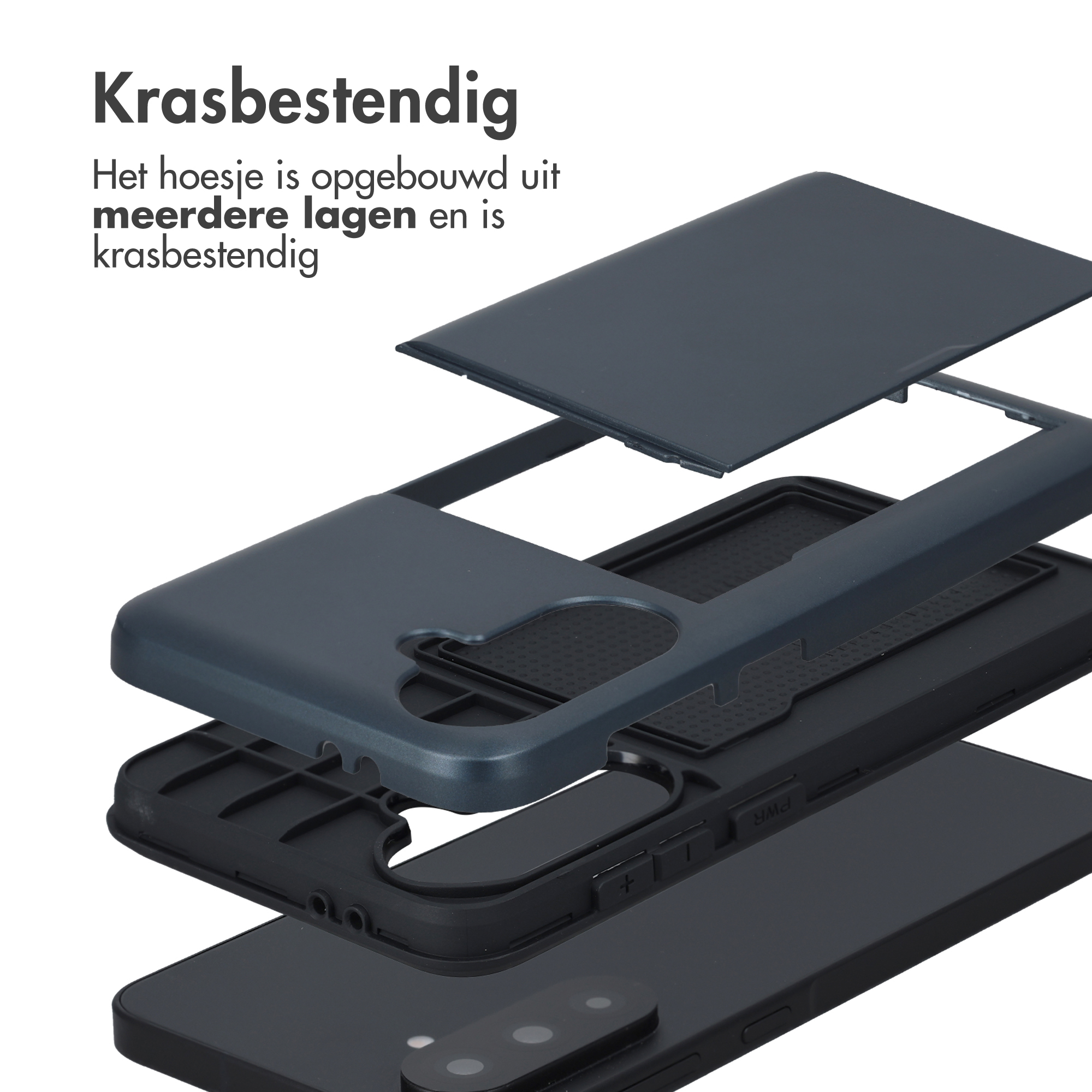 Explosietekening van een meerlaagse donkergrijze telefoonhoes.