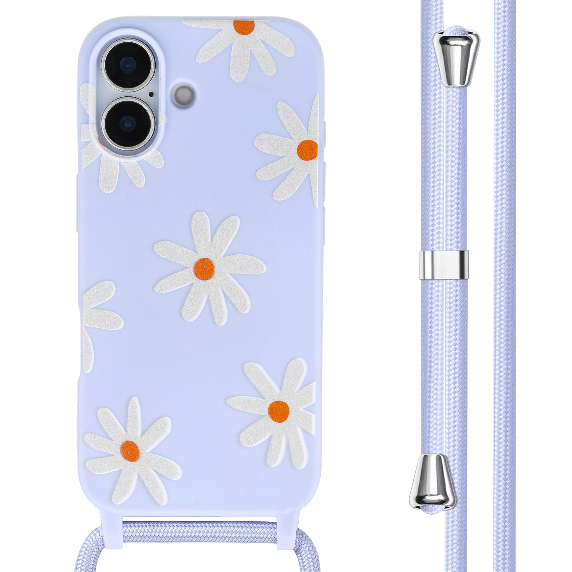 Une coque de téléphone lilas avec des marguerites blanches et une lanière.