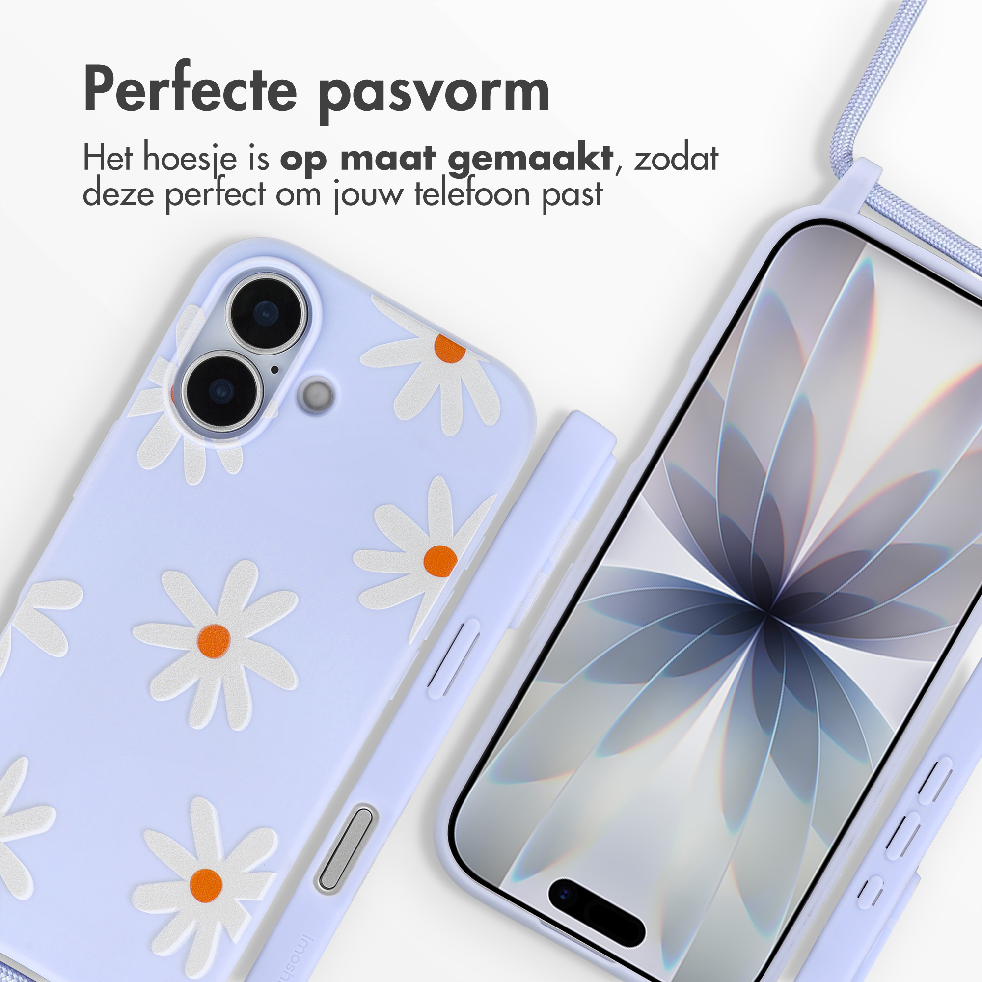 Coque de téléphone lavande à motif de marguerites, à côté d'un smartphone.