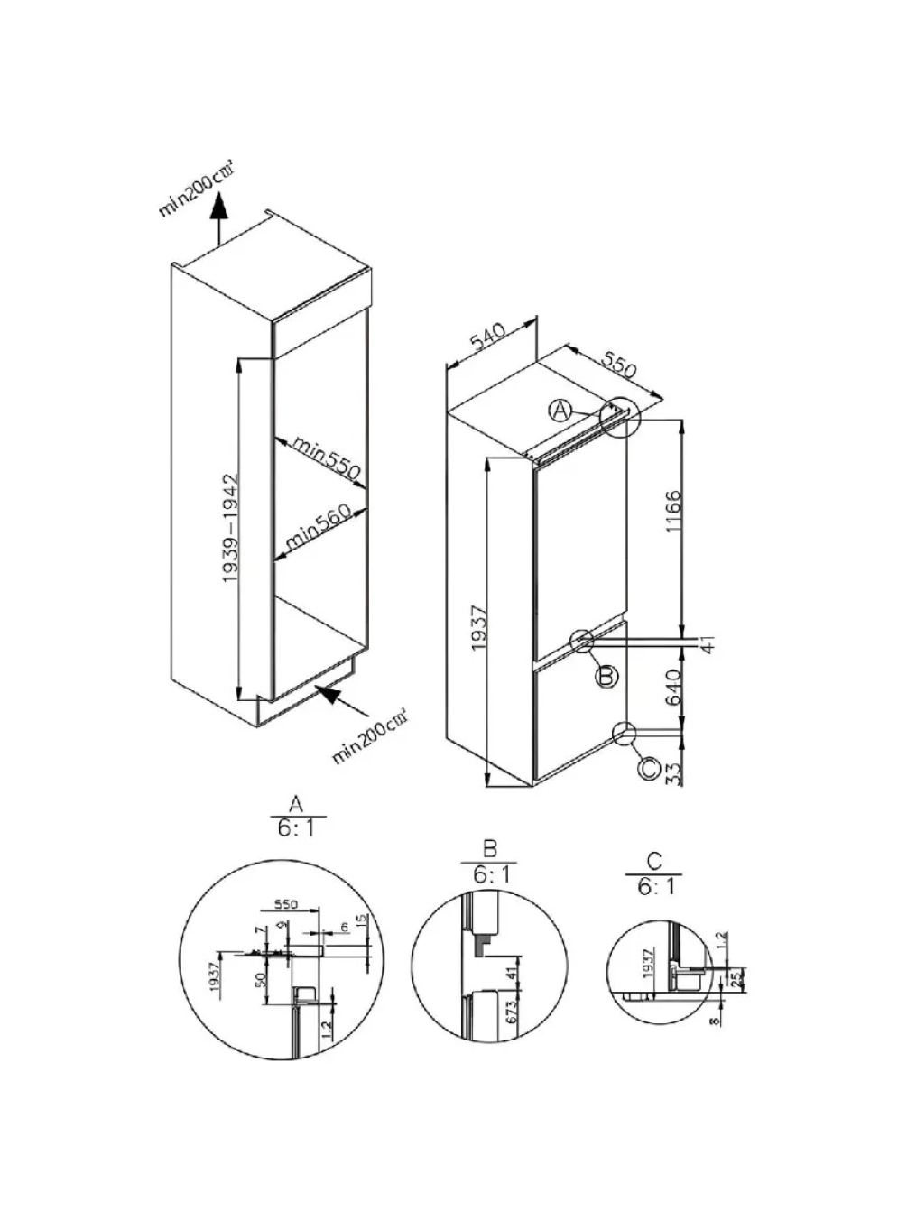 Disegno tecnico di un frigorifero con dimensioni e linee guida per l'installazione.