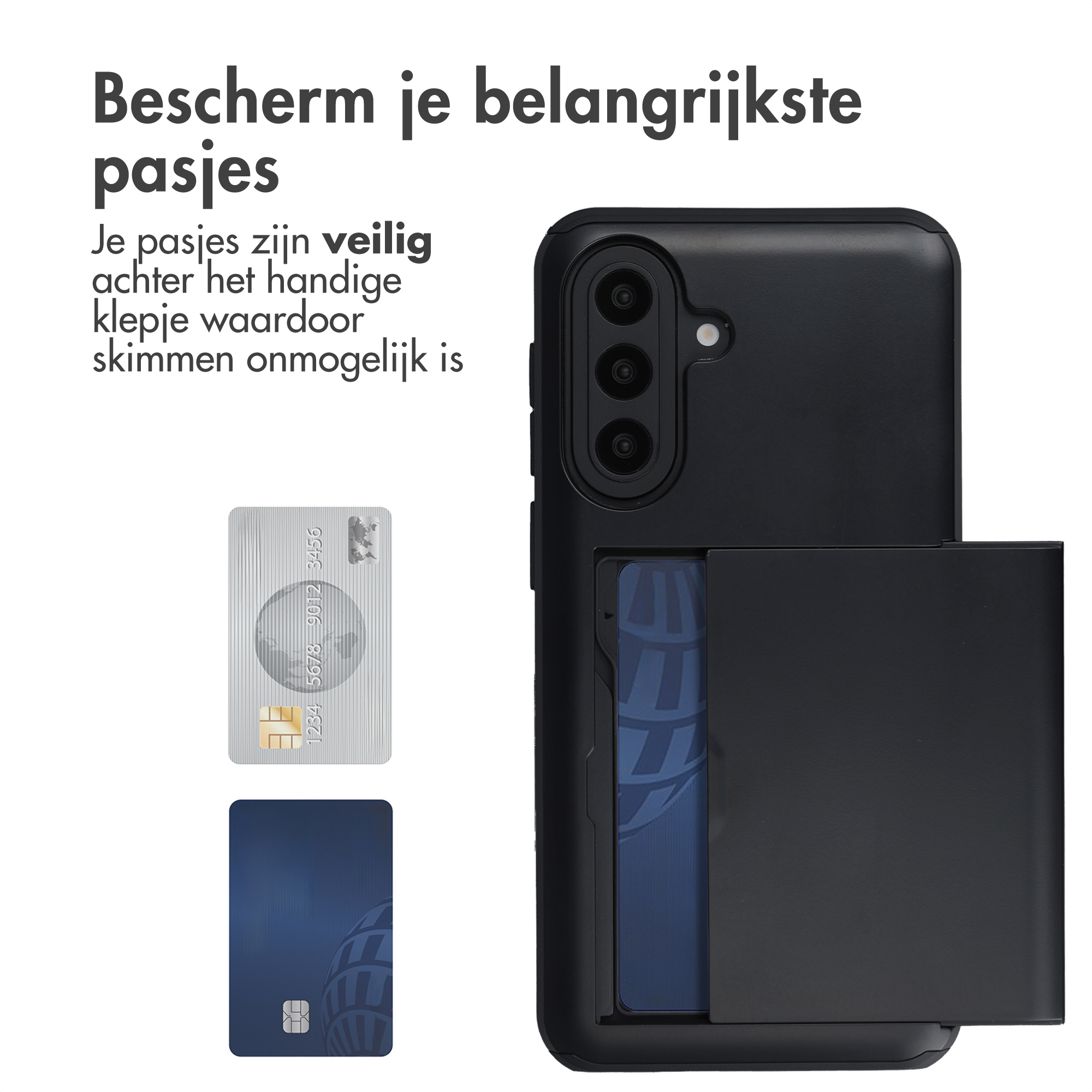 Zwarte telefoonhoes met kaartsleuf en twee creditcards.