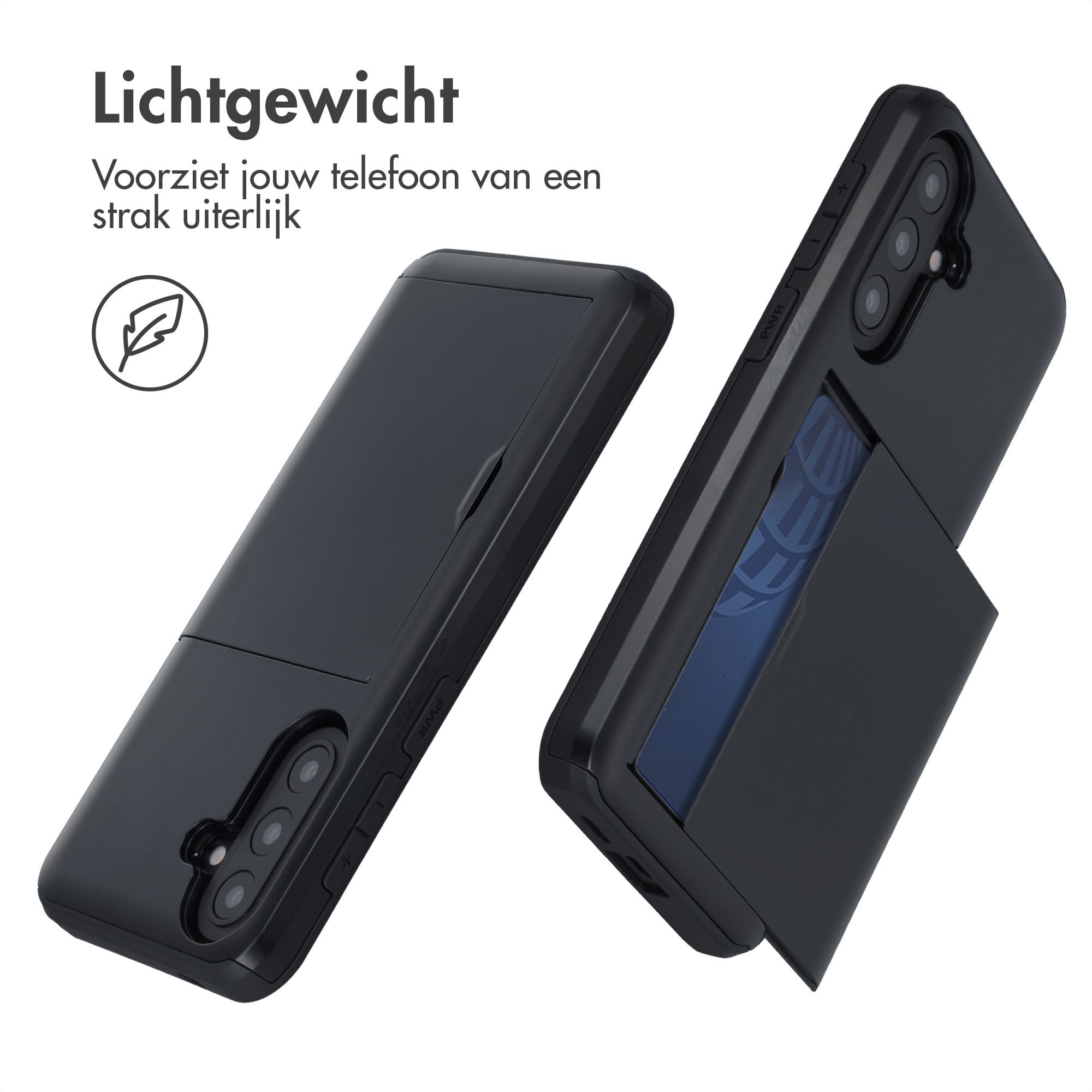 Zwarte telefoonhoes met kaarthouder en camerauitsparing. Lichtgewicht.