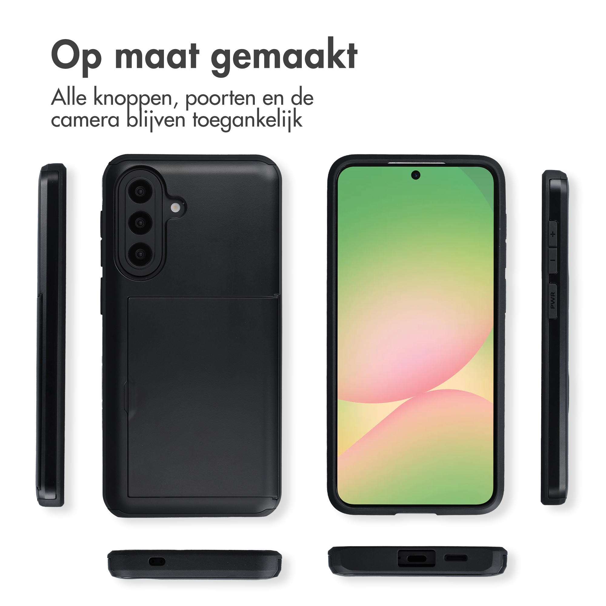 Zwarte telefoonhoes met uitsparingen voor camera en poorten. Meerdere weergaven.