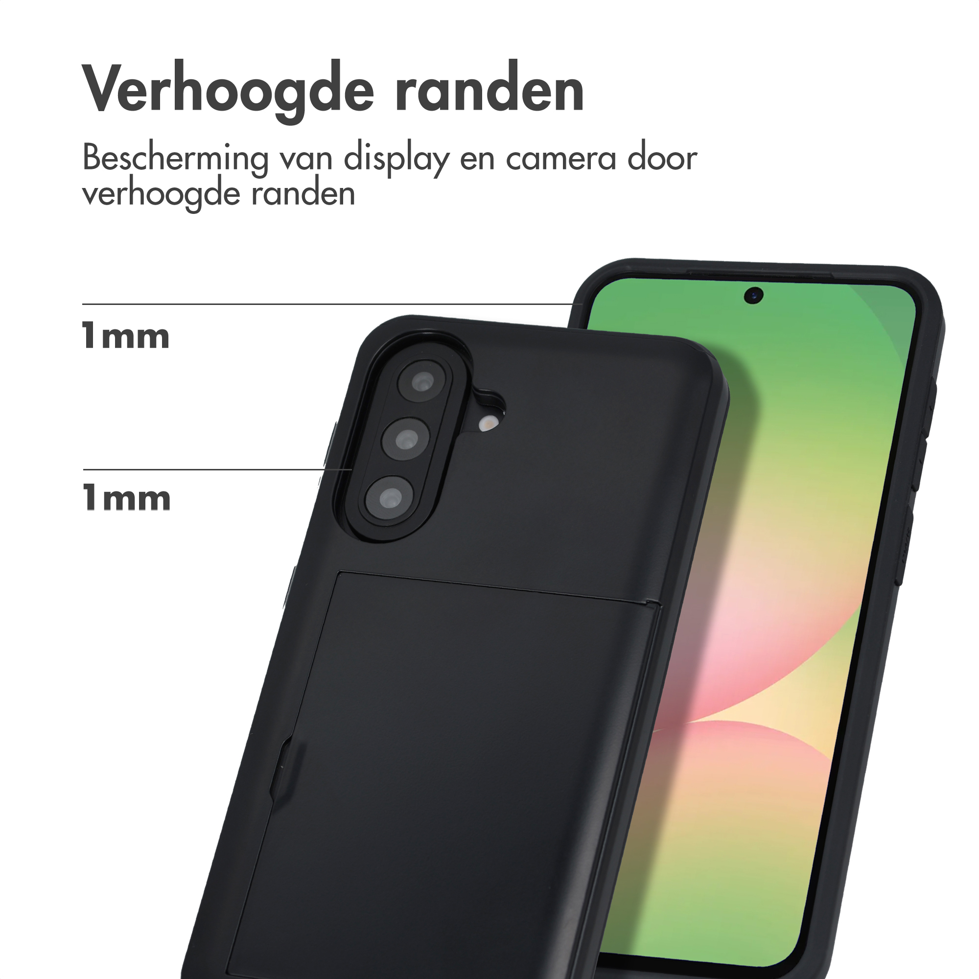 Zwarte telefoonhoes met verhoogde randen die display en camera beschermen.