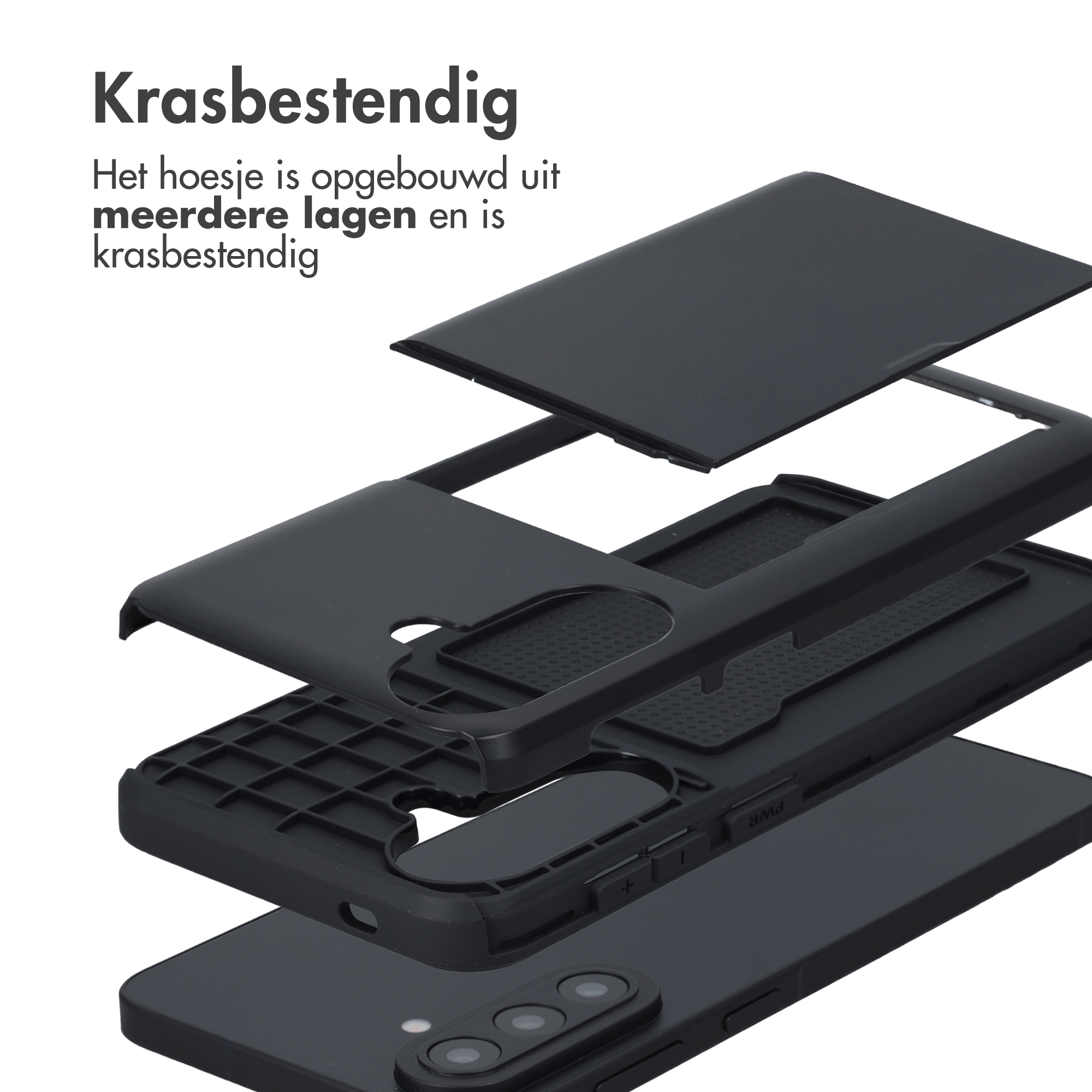 Exploded view van een zwarte telefoonhoes met meerdere lagen.