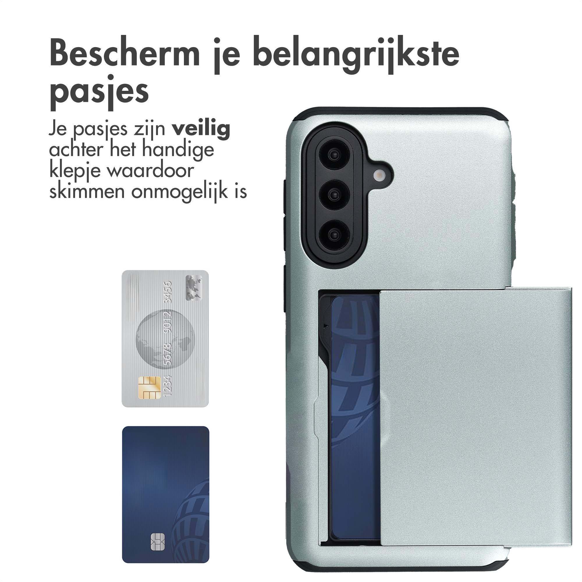 Lichtgrijs telefoonhoesje met kaarthouder, toont twee creditcards.