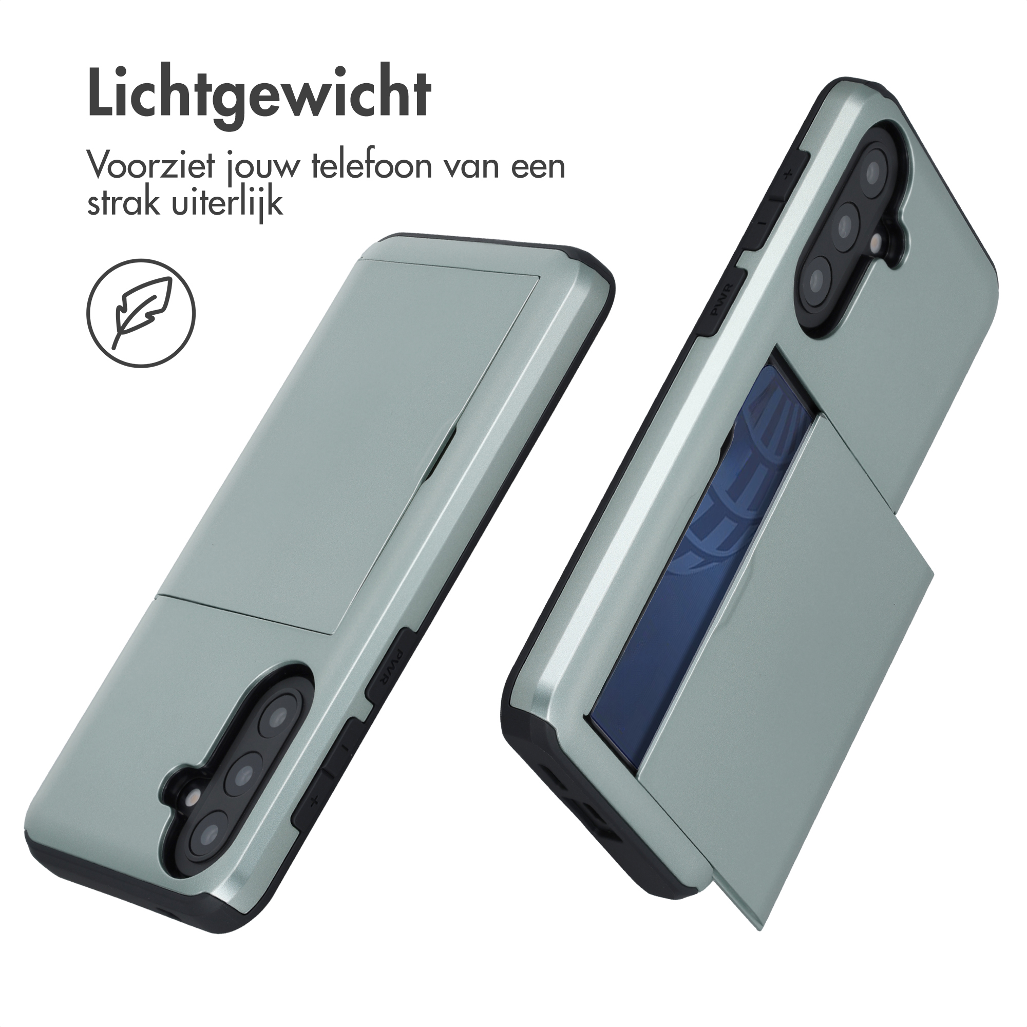 Twee teal telefoonhoesjes met kaarthouders.