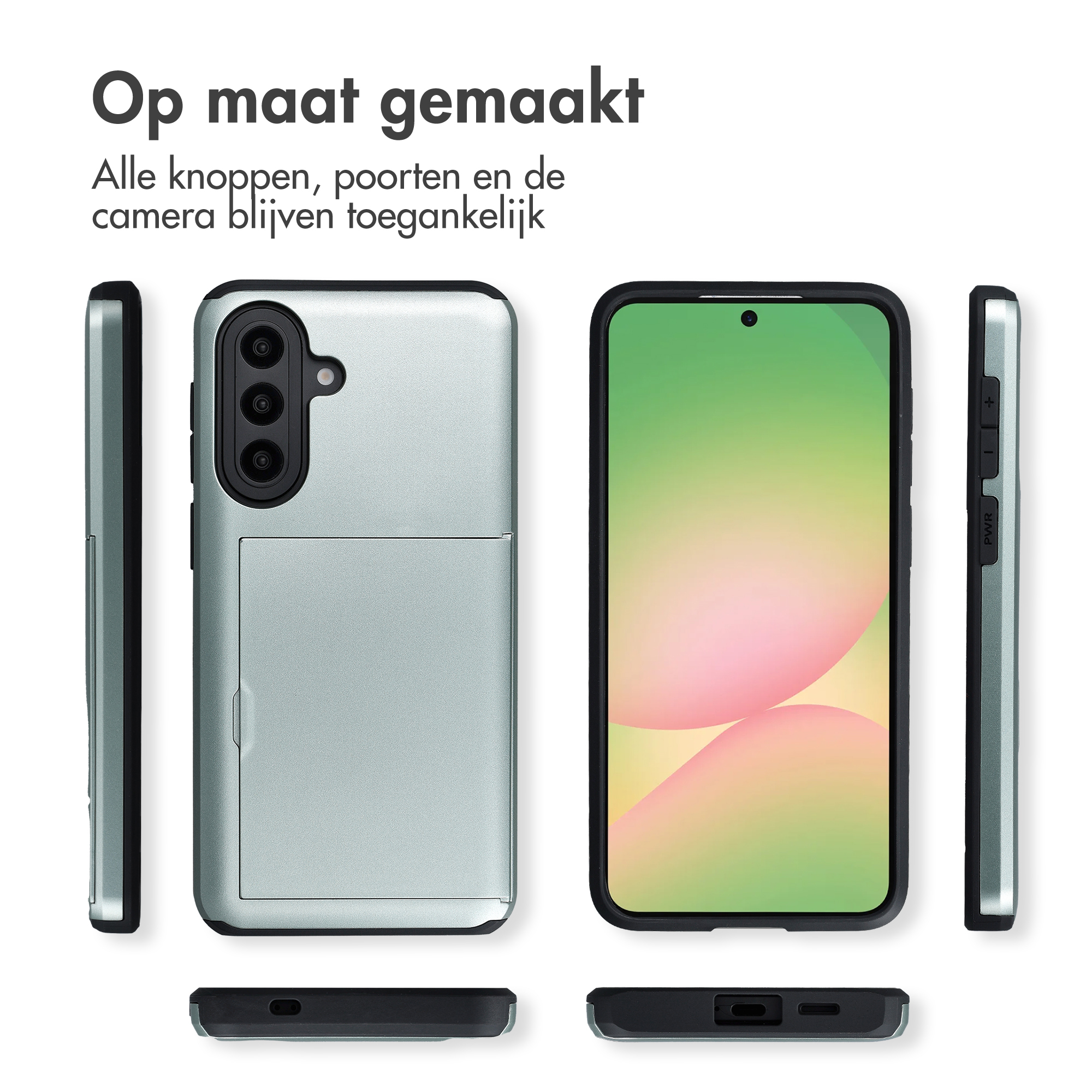 Aanzichten van een lichtgroene telefoonhoes om een smartphone, met toegang tot knoppen.