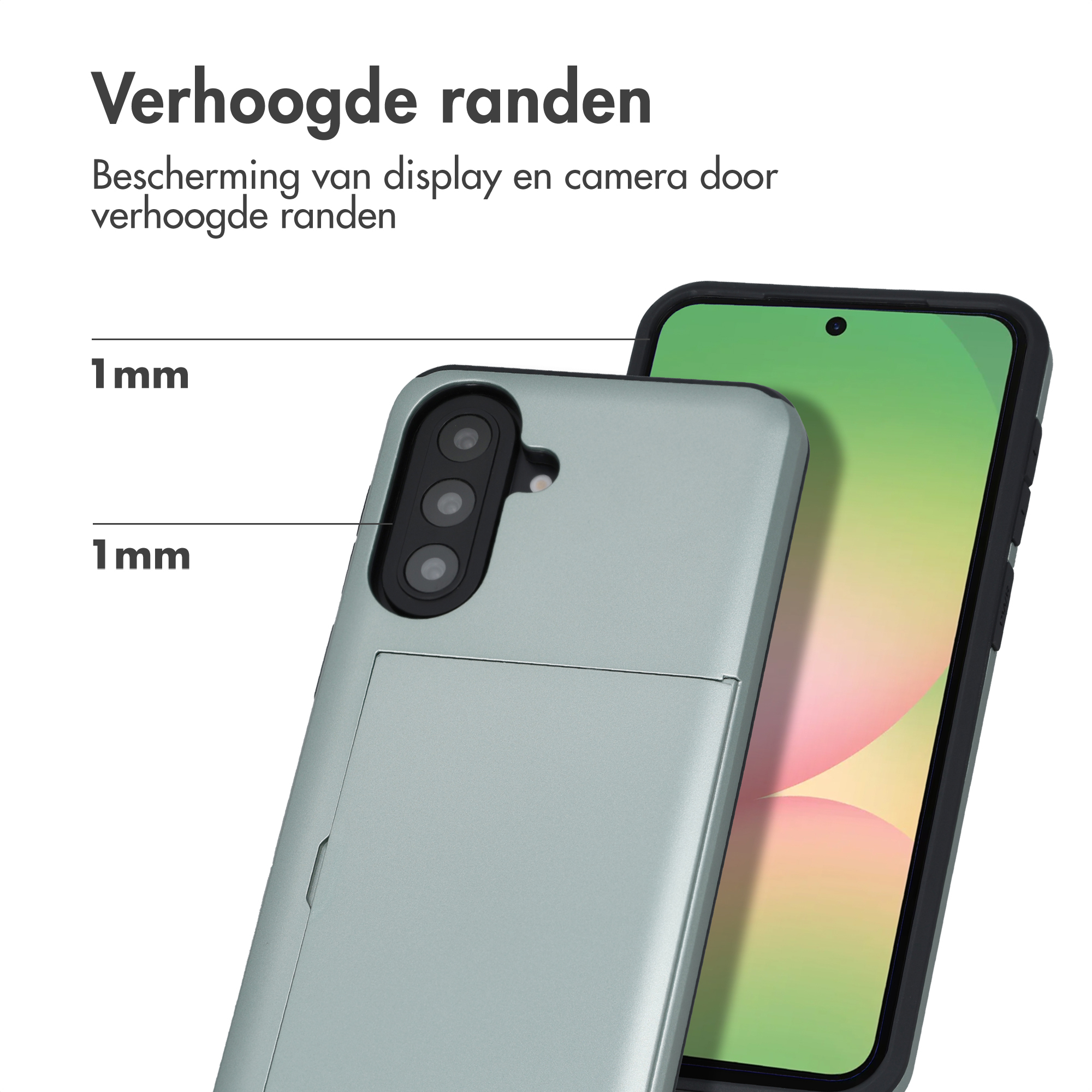 Een grijze telefoonhoes met verhoogde randen beschermt camera en display.