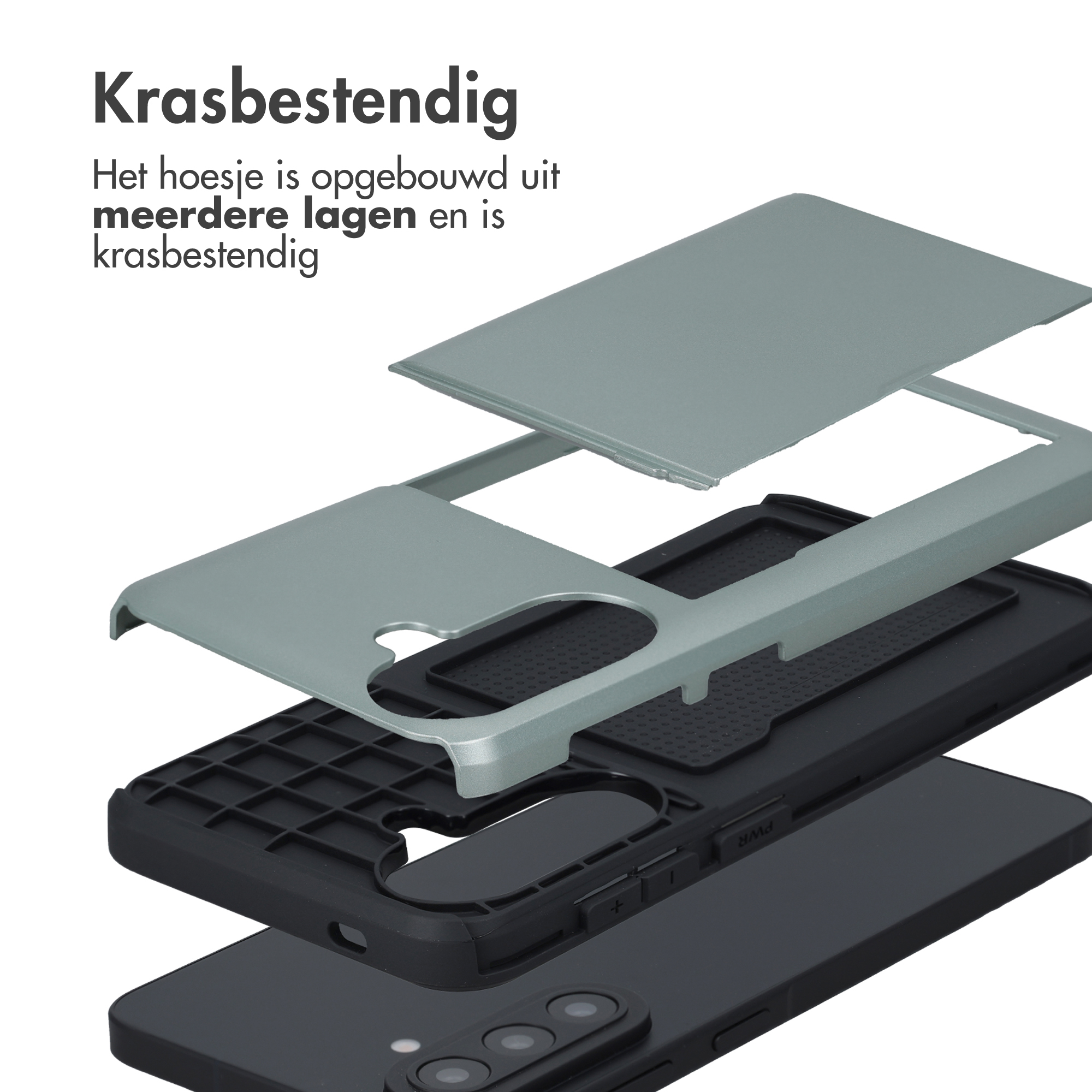Explosietekening van een meerlaagse, krasbestendige telefoonhoes in grijs en zwart.