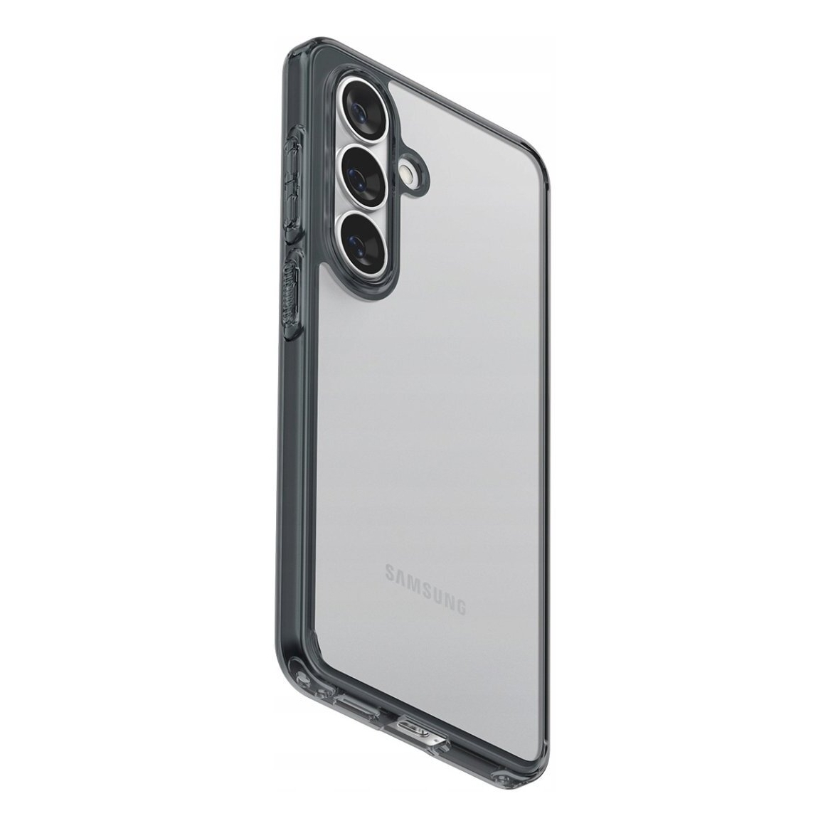 Una cover trasparente per telefono con bordo scuro, tre fotocamere e logo Samsung.