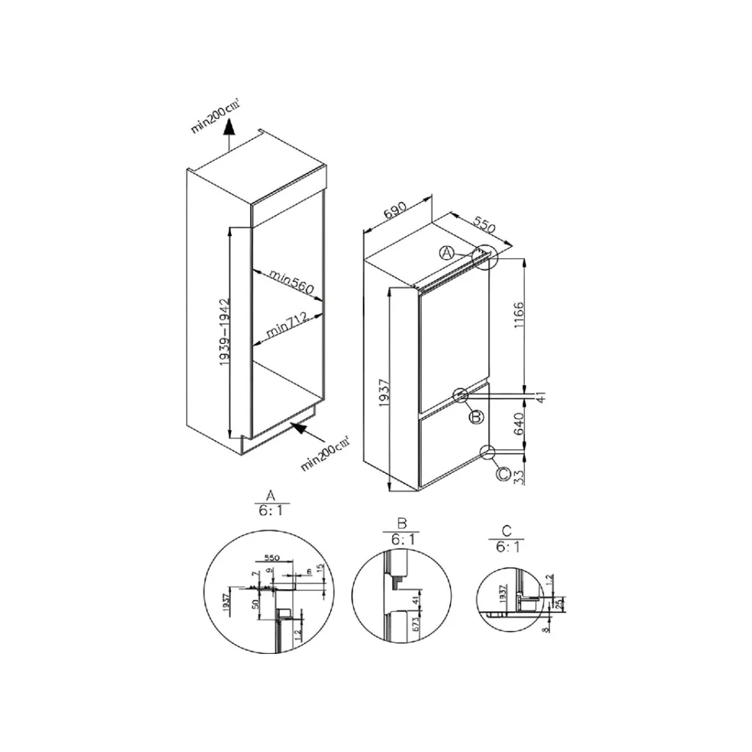 Disegno tecnico di un frigorifero con dimensioni e dettagli.
