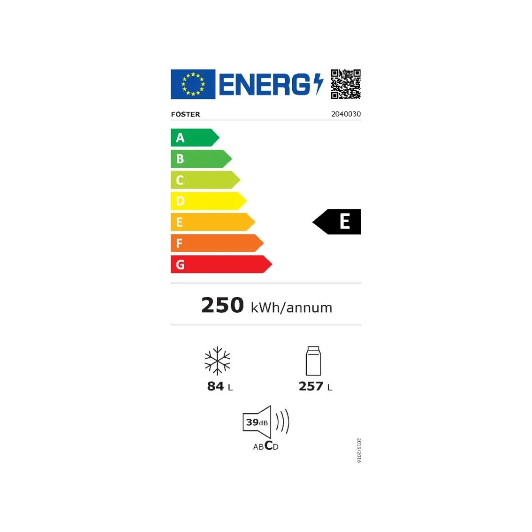 Etichetta energetica E per frigorifero Foster: 250 kWh/anno, 84L congelatore, 257L frigorifero, 39dB.