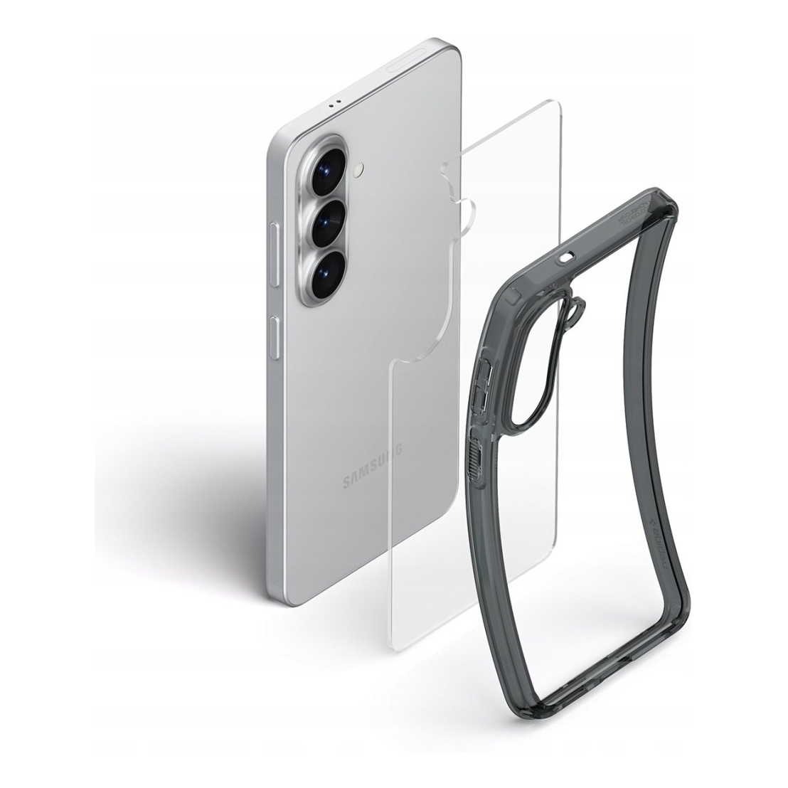 Telefono Samsung argento con parti di custodia trasparenti, mostra fotocamera e pulsanti.