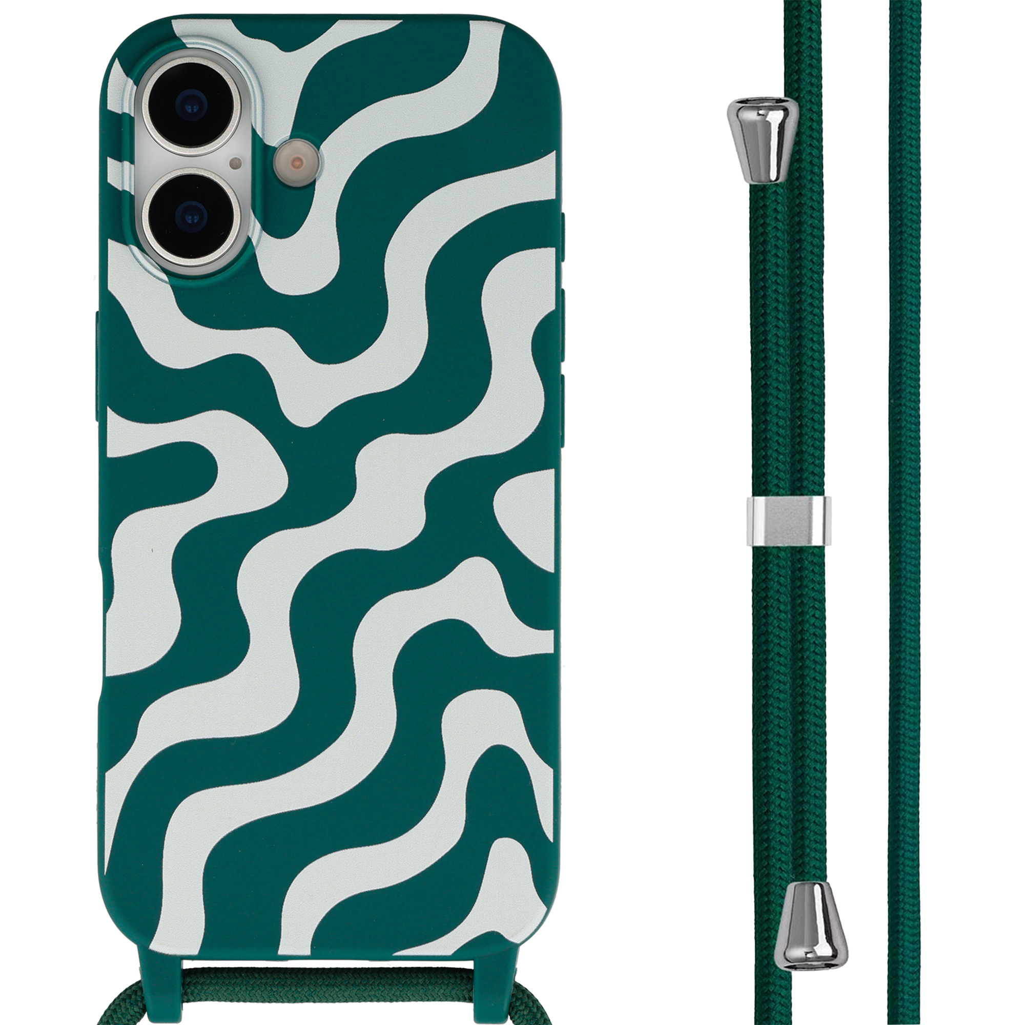 Coque vert foncé motif ondulé blanc avec dragonne.