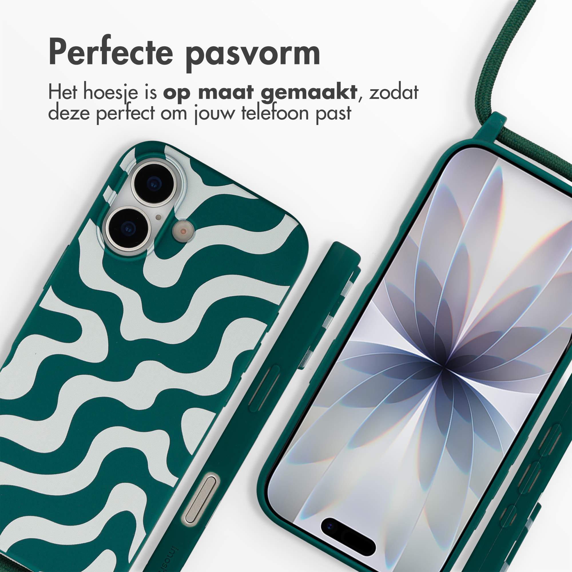 Coque de téléphone verte à motif ondulé blanc et lanière, à côté d'un smartphone.