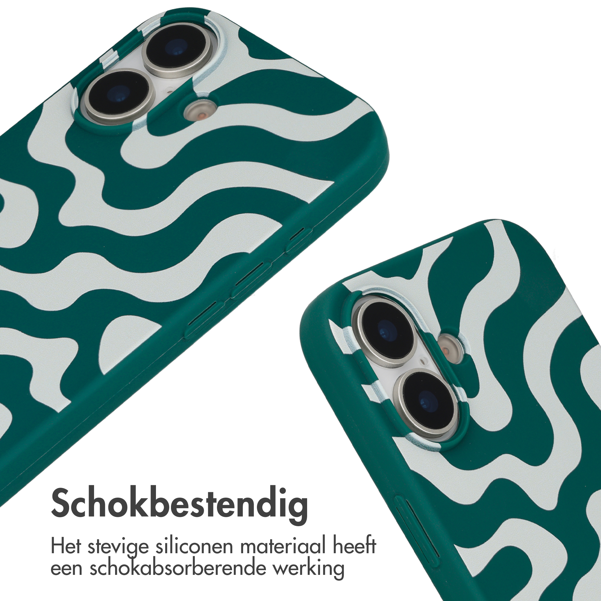 Deux coques de téléphone vertes à motif ondulé blanc, dos blanc.