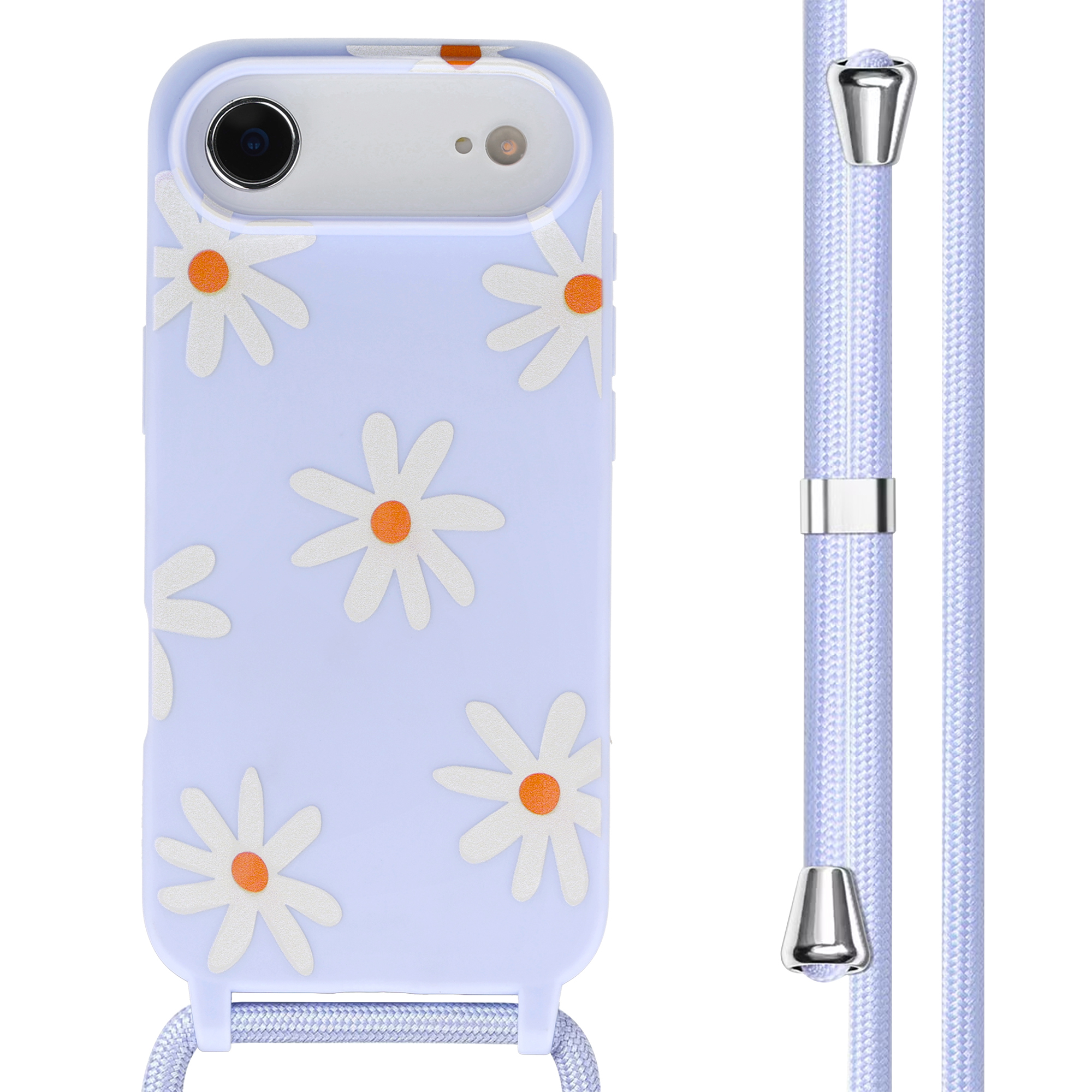 Een lichtpaarse telefoonhoes met witte madeliefjes en een koord.