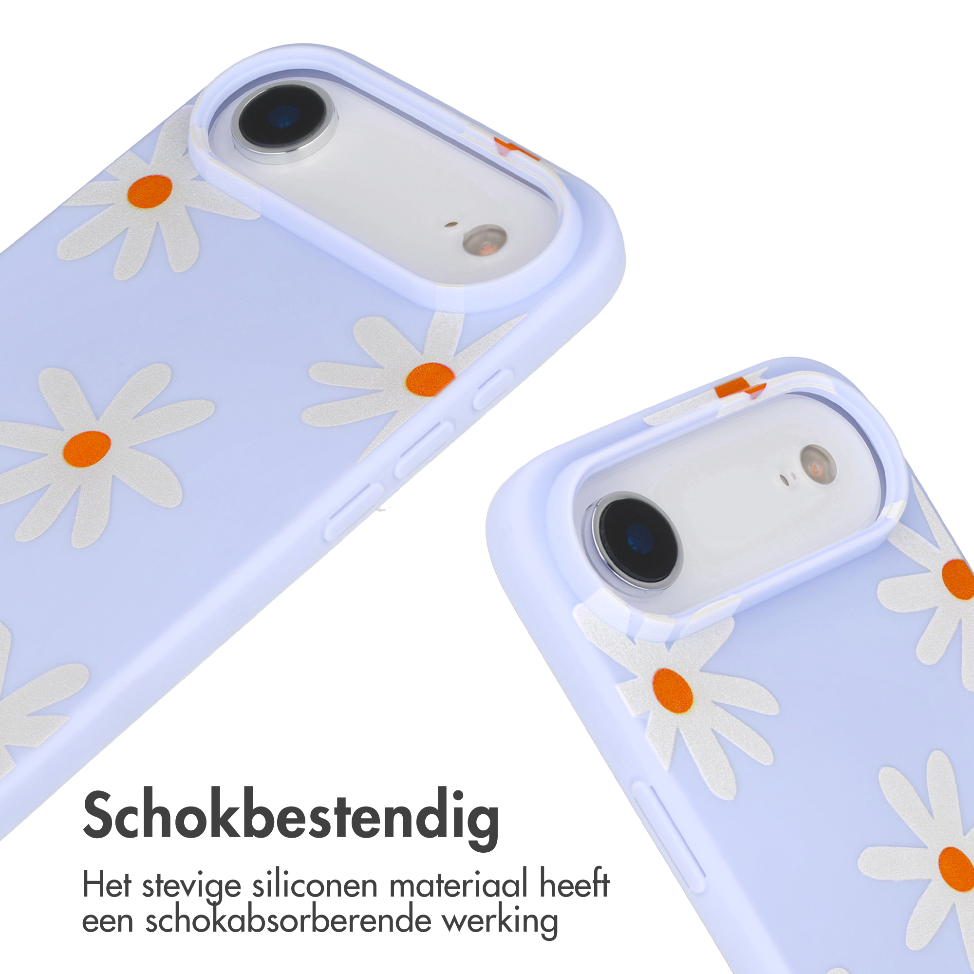 Lichtpaarse telefoonhoes met wit madeliefjespatroon.