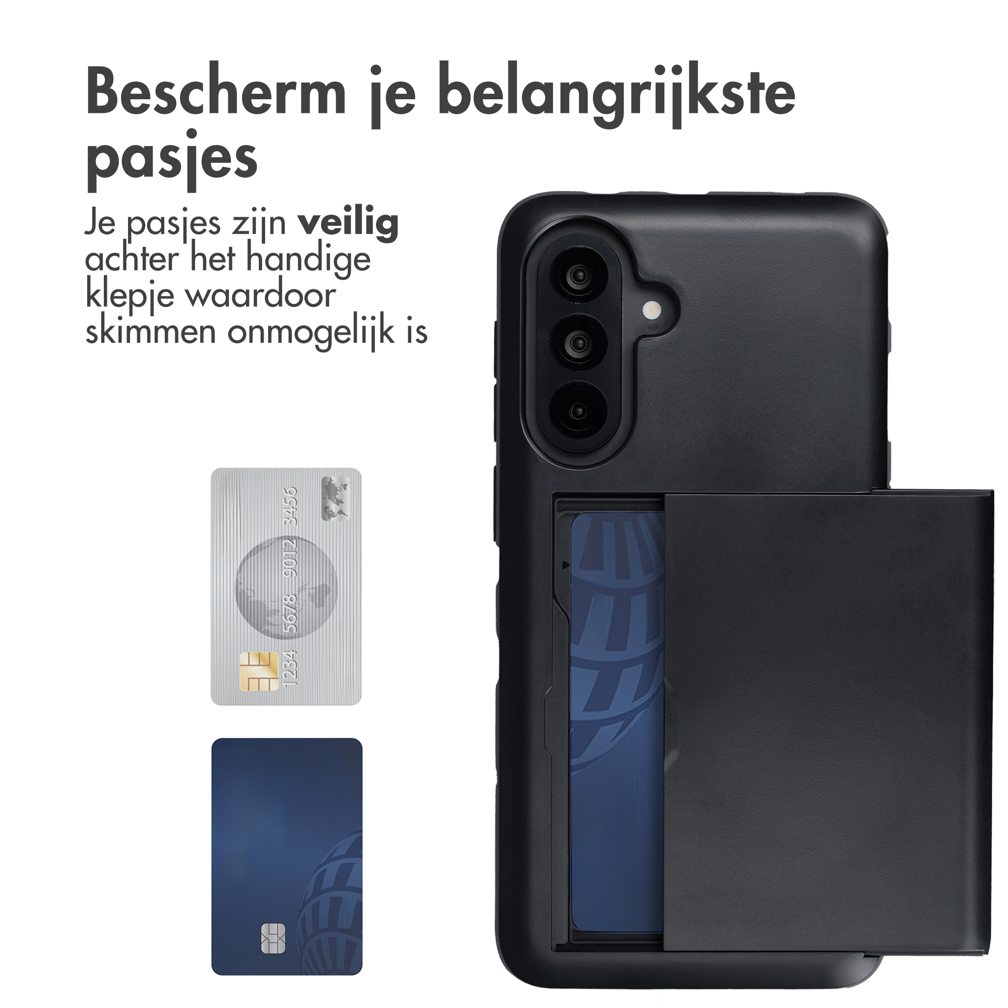 Zwarte telefoonhoes met kaarthouder; zilveren en blauwe creditcards.