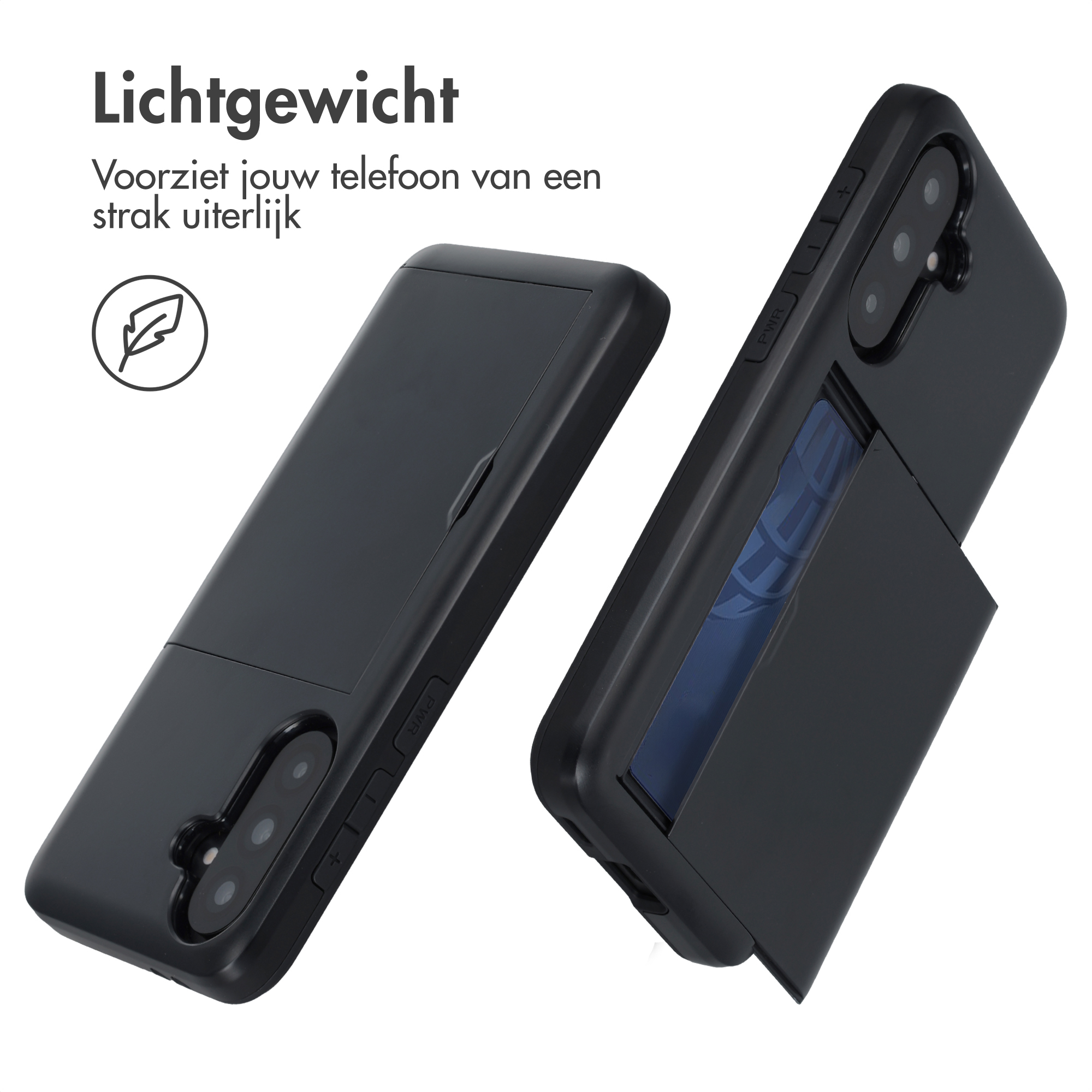 Twee zwarte telefoonhoesjes met kaarthouder en camera-uitsparing.