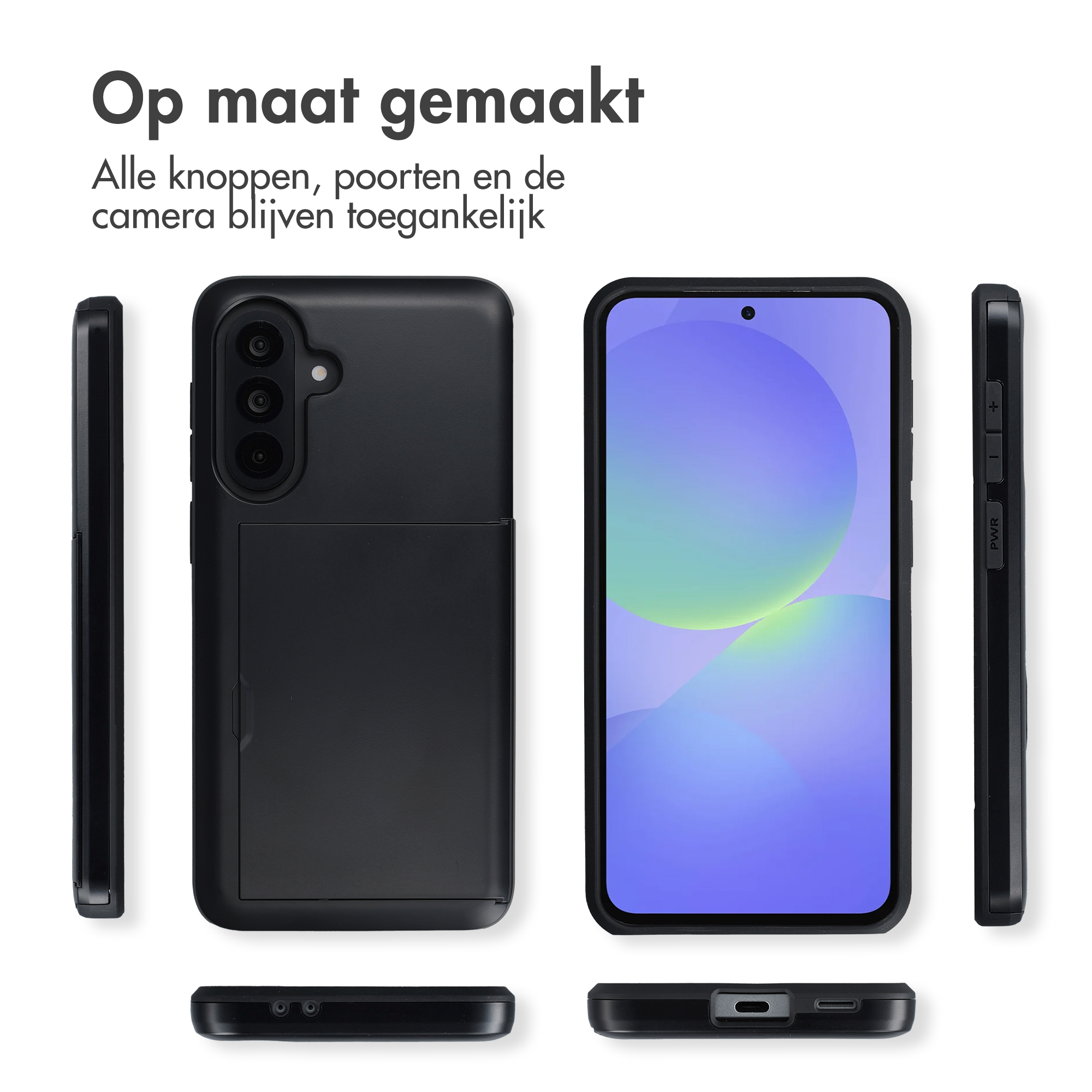 Zwarte telefoonhoes met uitsparingen en een sleuf aan de achterkant.