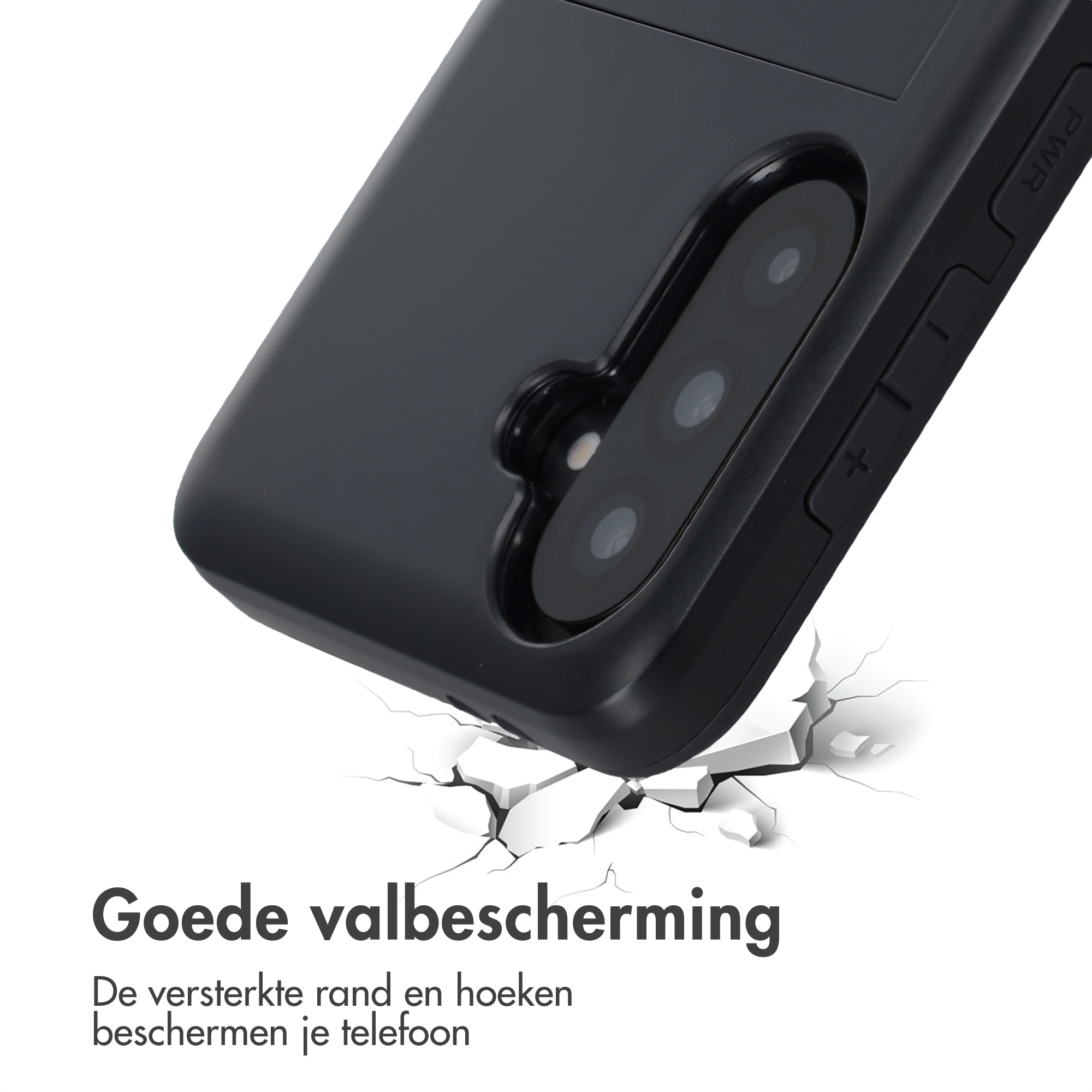 Zwarte telefoonhoes met gebarsten achtergrond. Toont valbescherming.