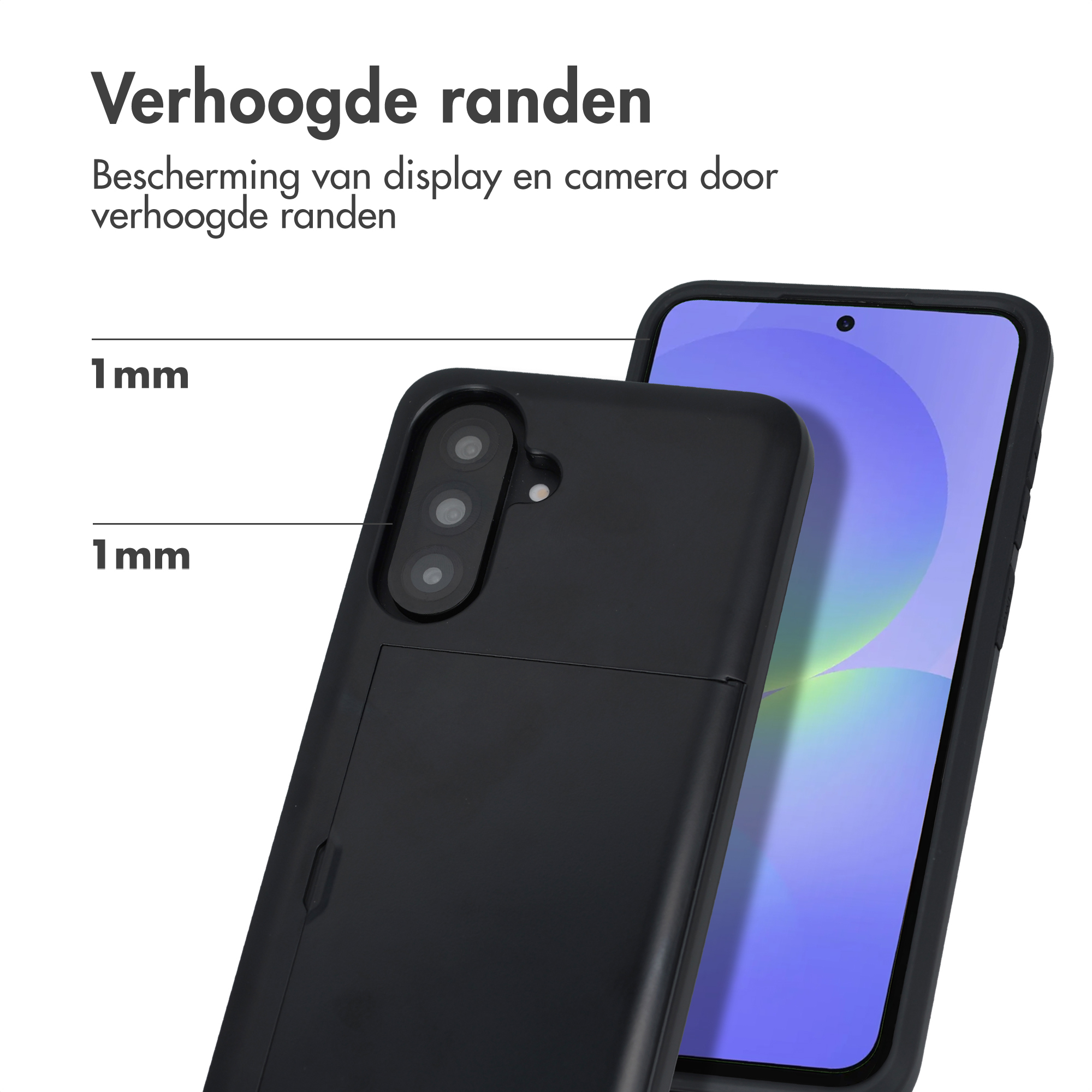 Zwarte telefoonhoes met 1mm verhoogde randen voor display en camera.
