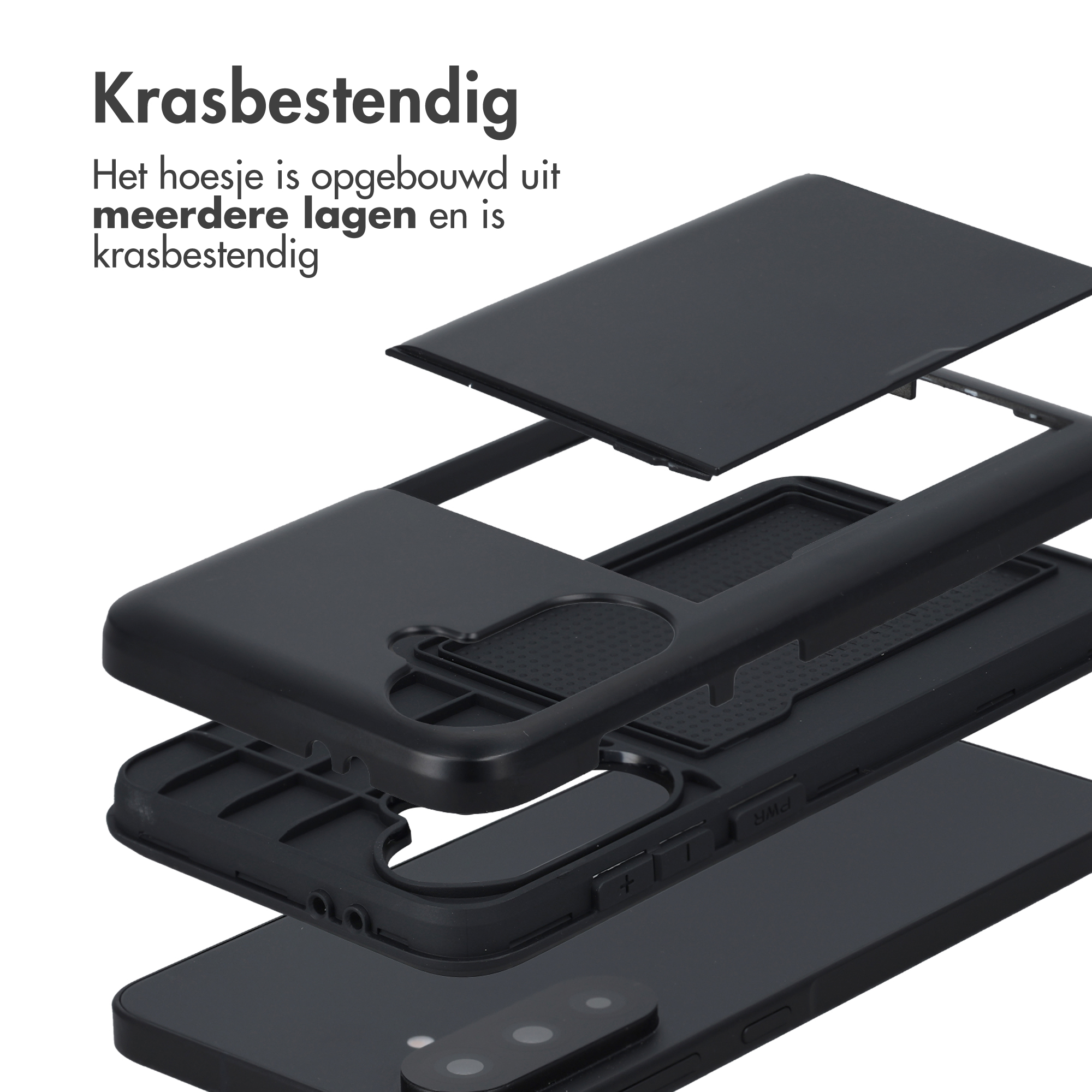 Exploded view van een zwarte, meerlaagse telefoonhoes.