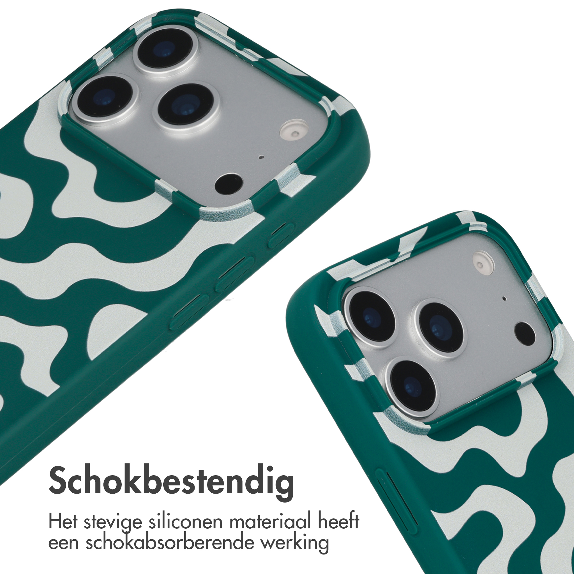 Twee groene telefoonhoesjes met wit golvend patroon, close-up van camera's.