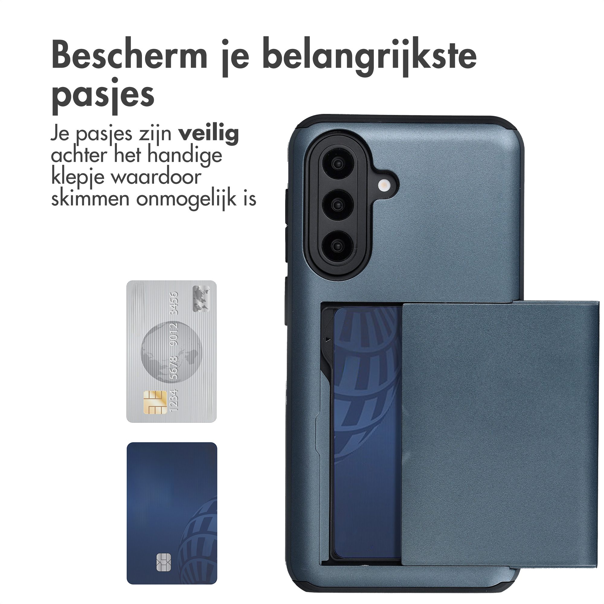 Blauw telefoonhoesje met kaartsleuven, toont creditcard en een blauwe kaart.