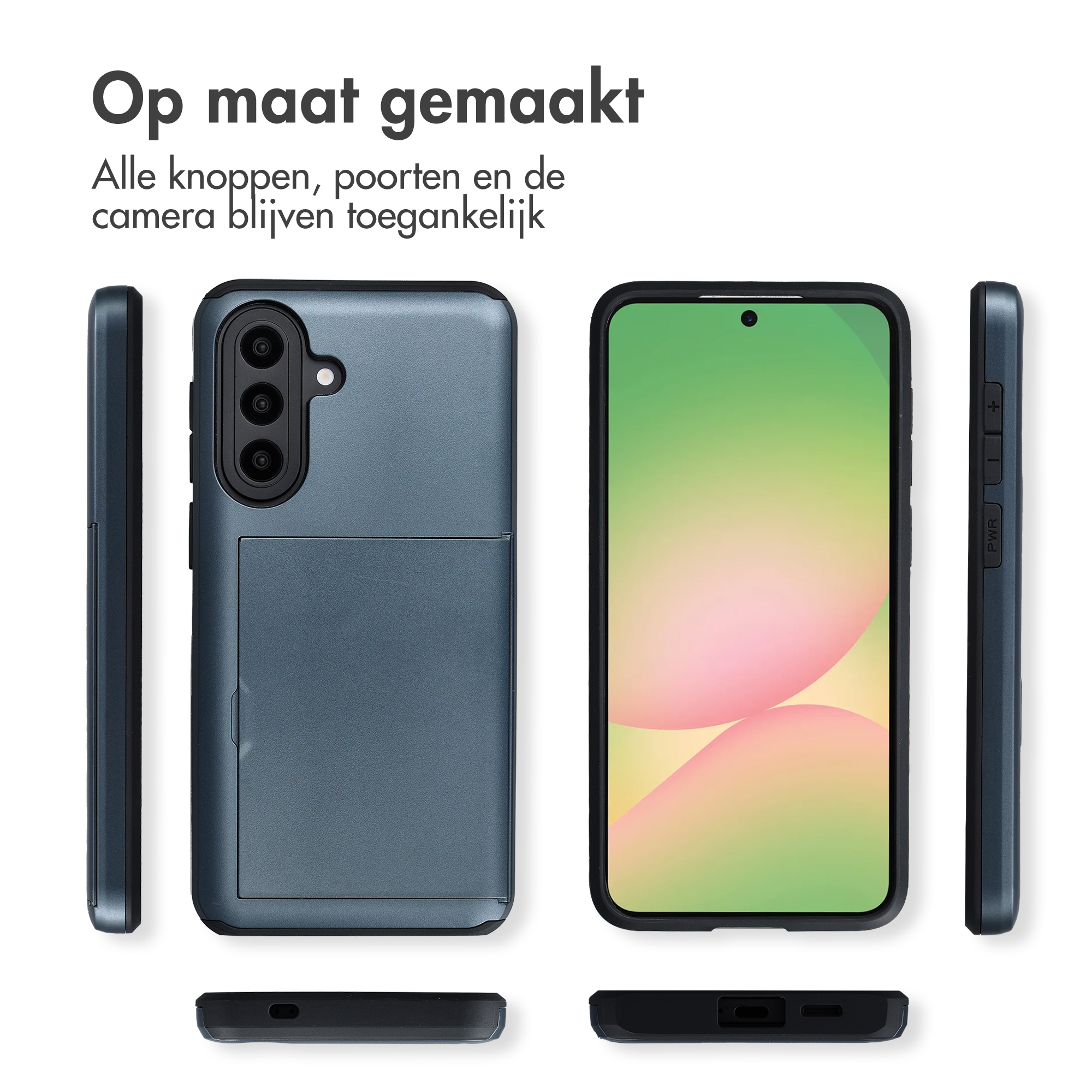 Een grijze telefoonhoes met drie camera's, een kaartsleuf en knoppen.