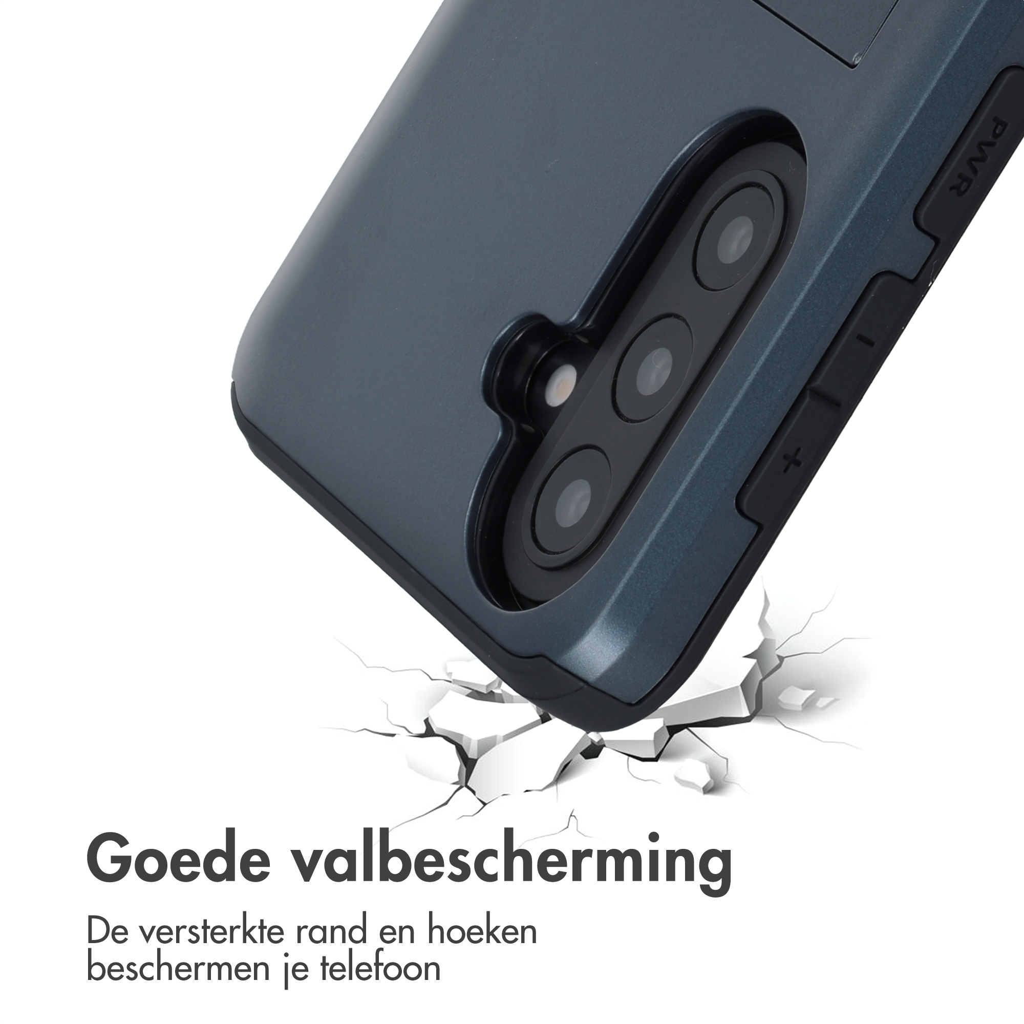 Grijze telefoonhoes breekt door wit oppervlak.