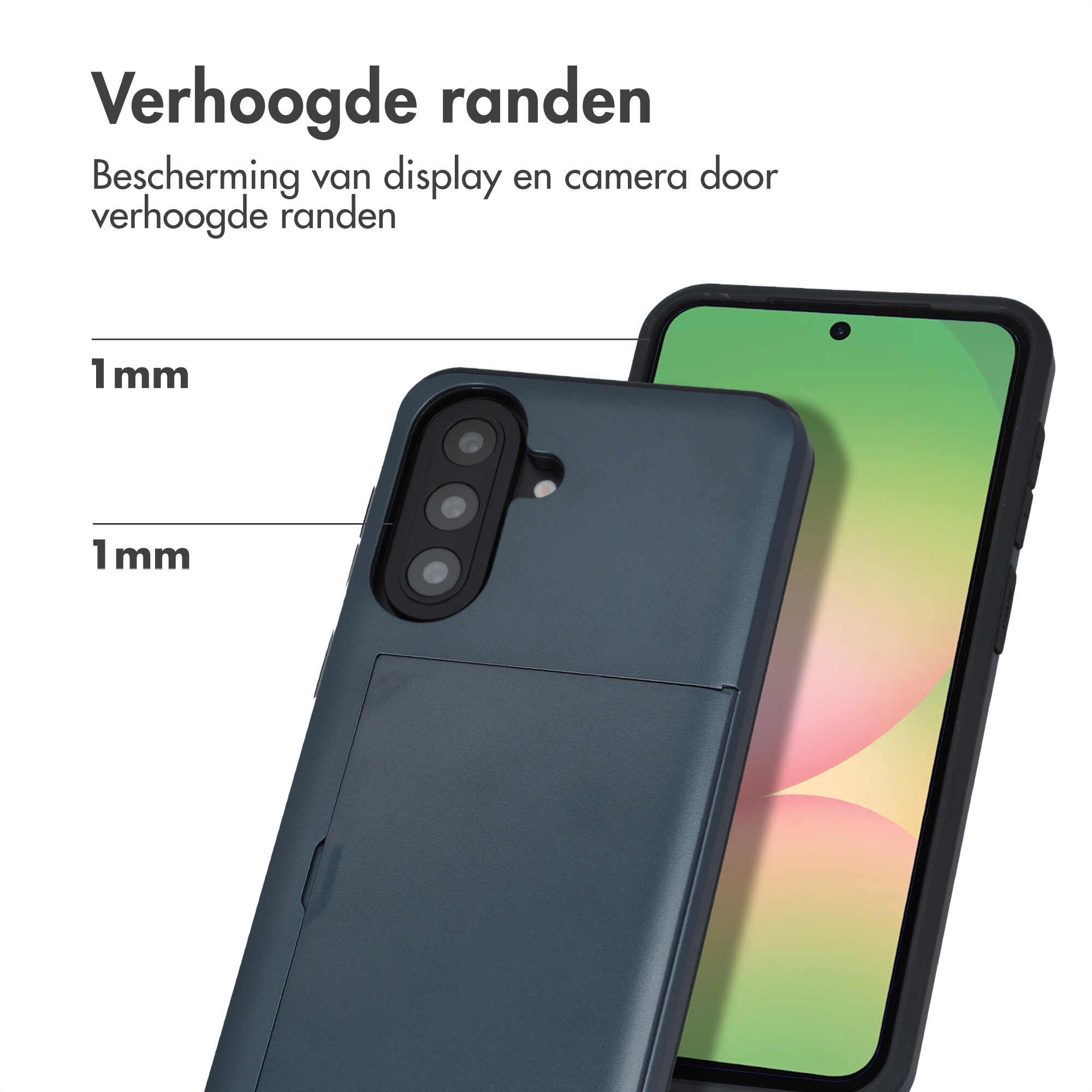 Een donkergrijs telefoonhoesje met verhoogde randen voor display en camera.