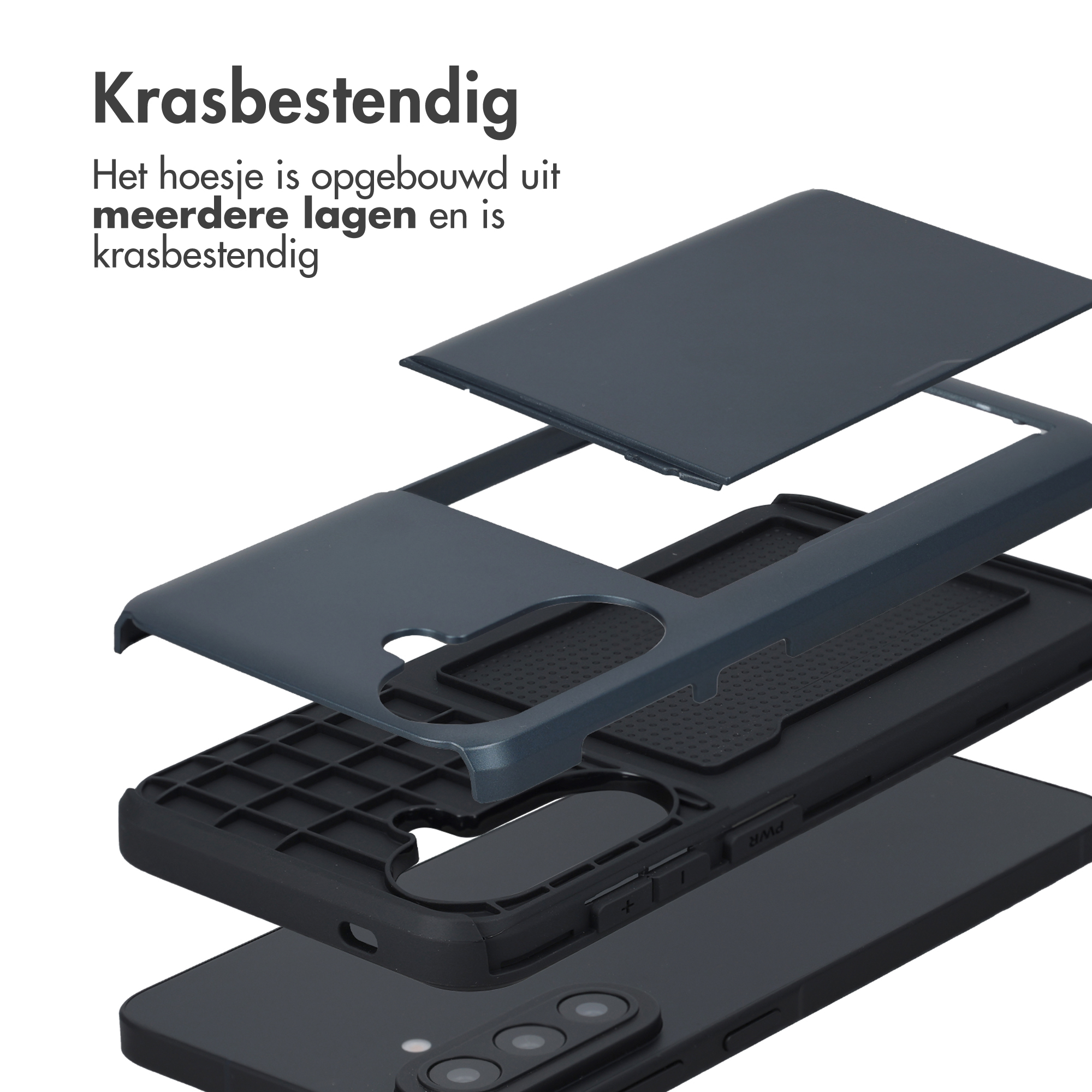 Explosietekening van een donkere, gelaagde telefoonhoes.