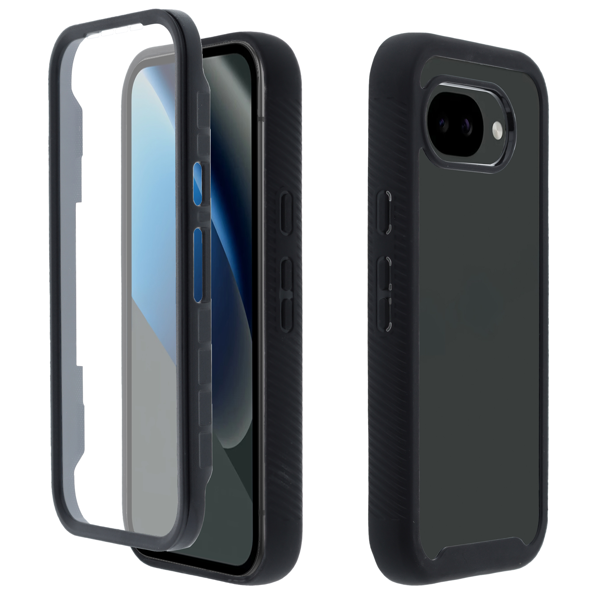Zwarte telefoonhoes met transparant frame, twee weergaven.