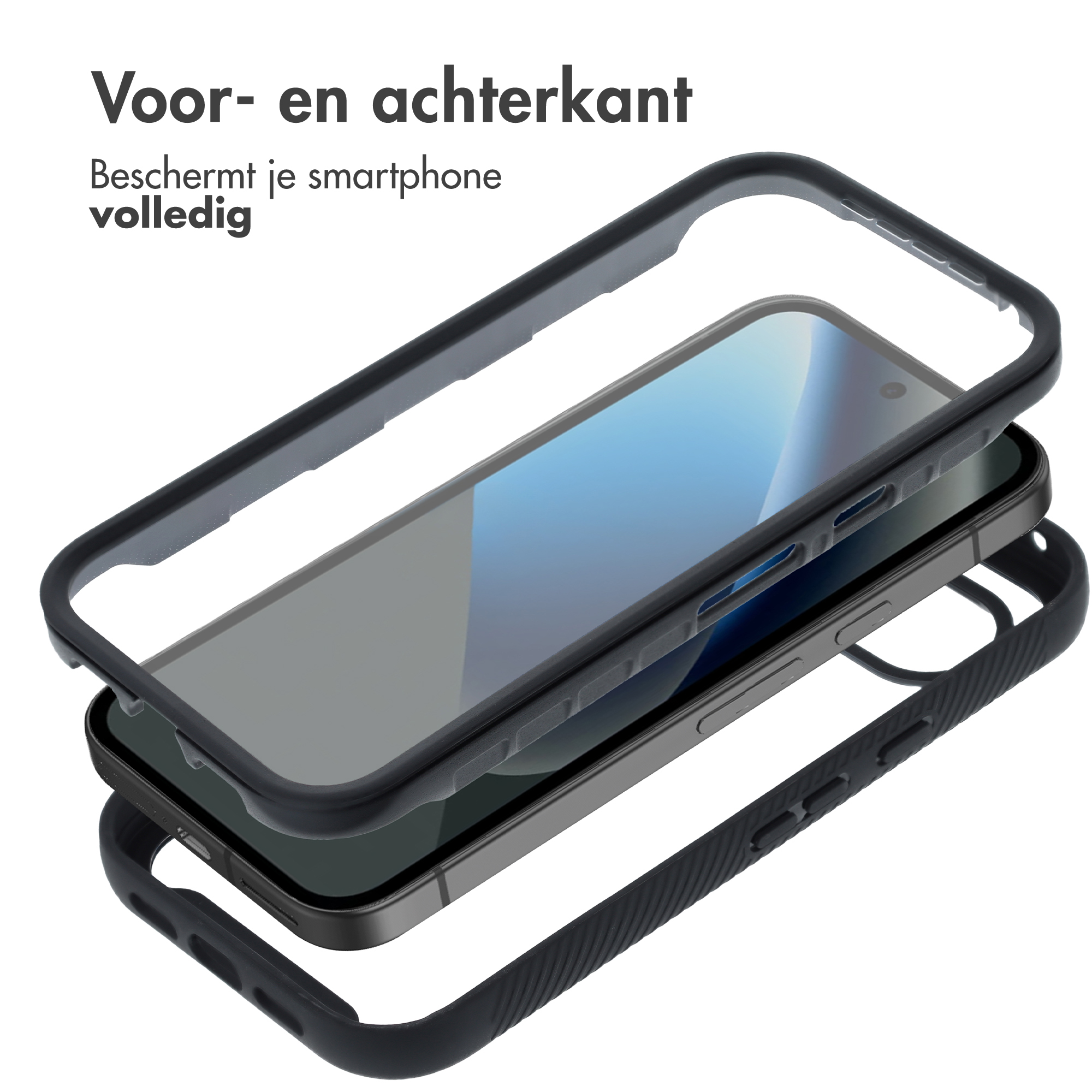 Explosie weergave van een zwarte telefoonhoes die een scherm onthult.