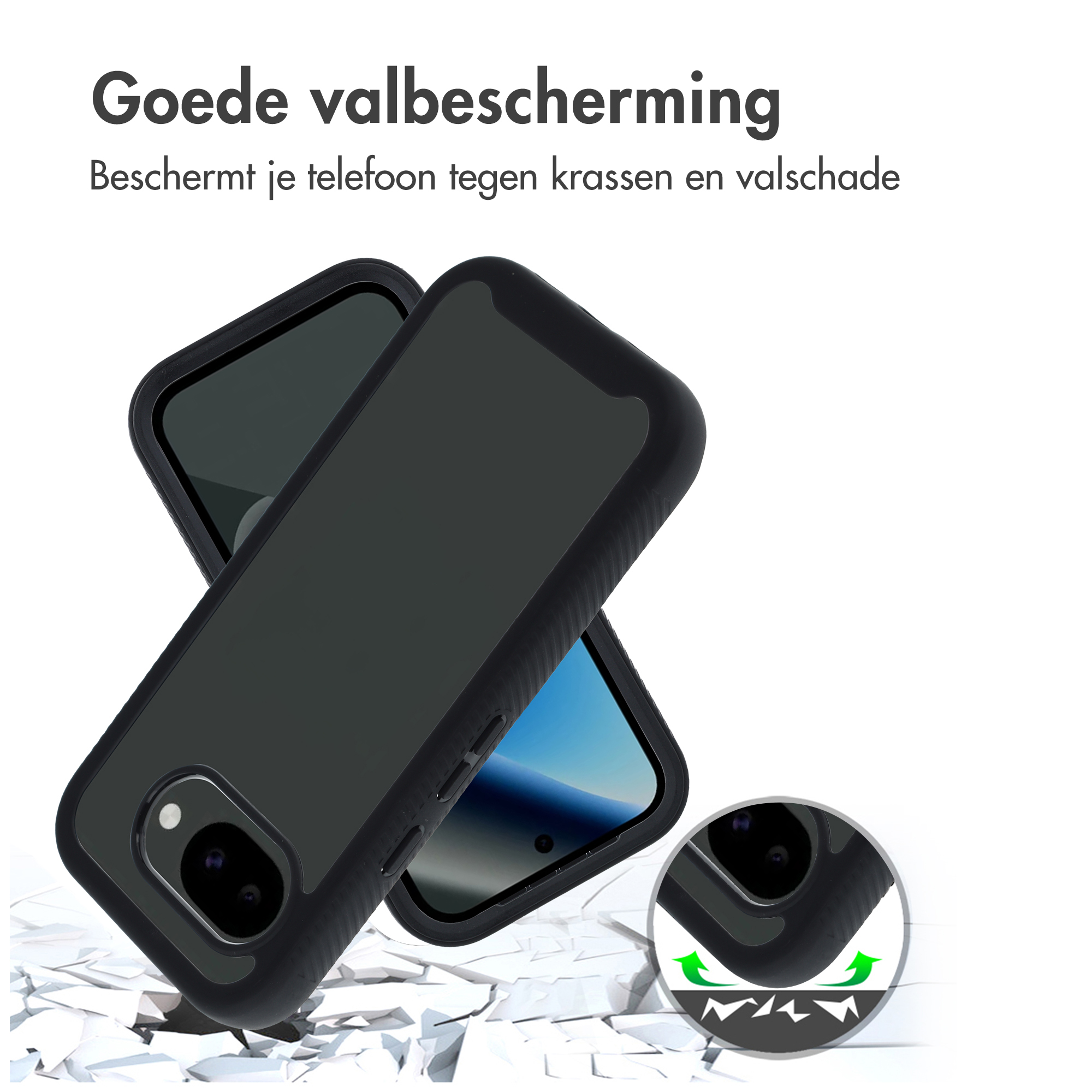 Zwarte telefoonhoes met nadruk op valbescherming, op witte achtergrond.