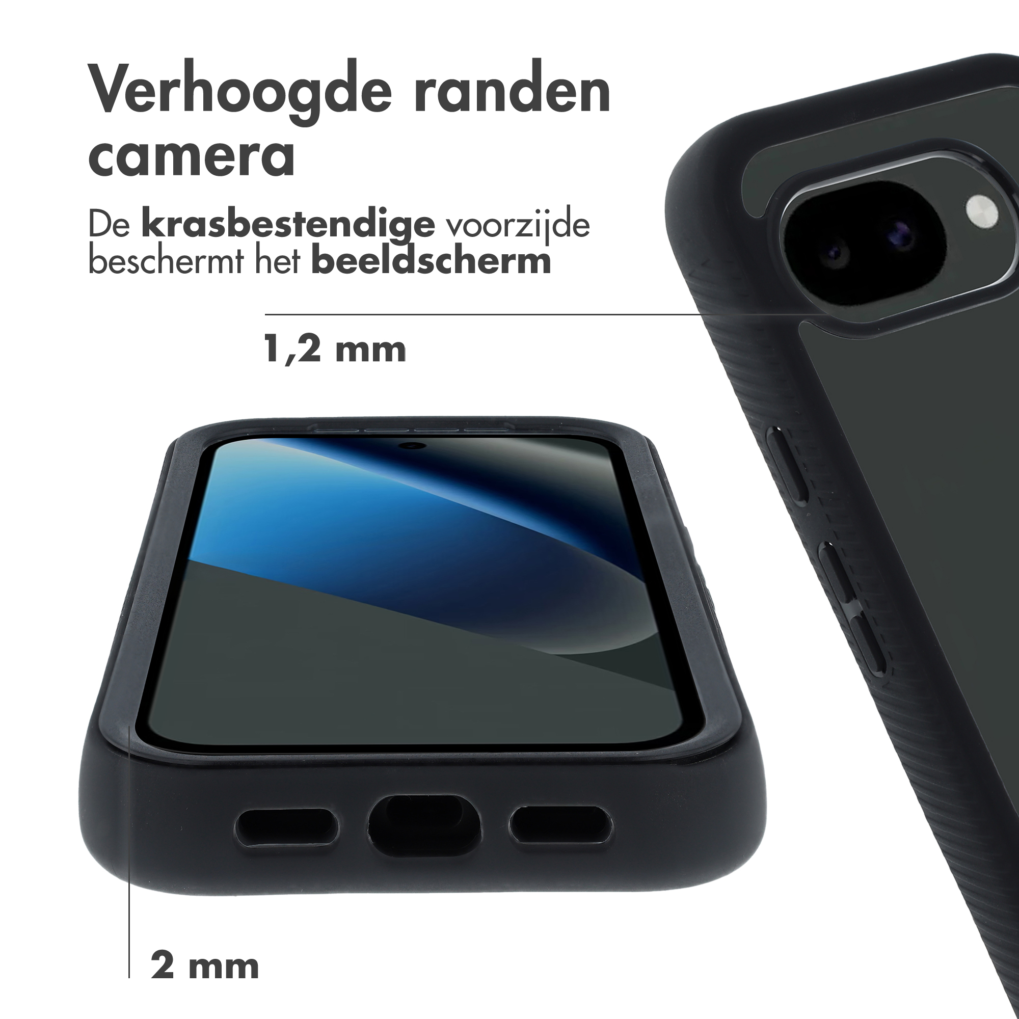 Zwarte telefoonhoes met verhoogde randen voor camera en scherm.