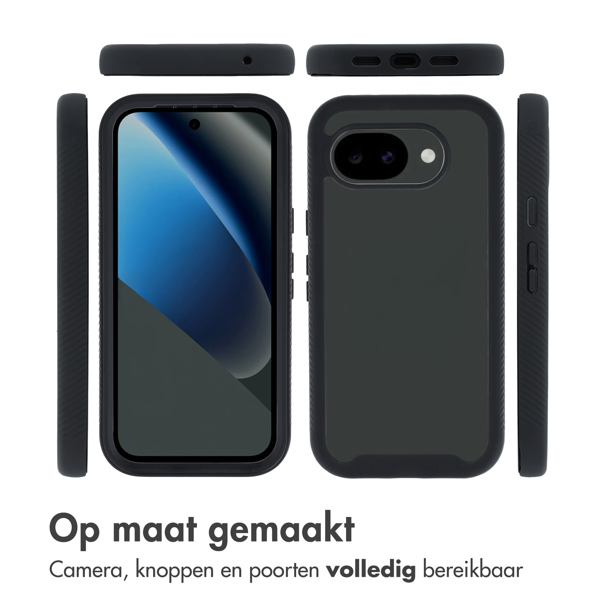Zwarte telefoonhoes met uitsparingen voor camera en poorten.
