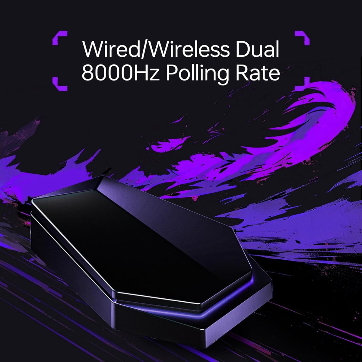 Zwart apparaat met paarse accenten, tekst: Wired/Wireless Dual 8000Hz Polling Rate