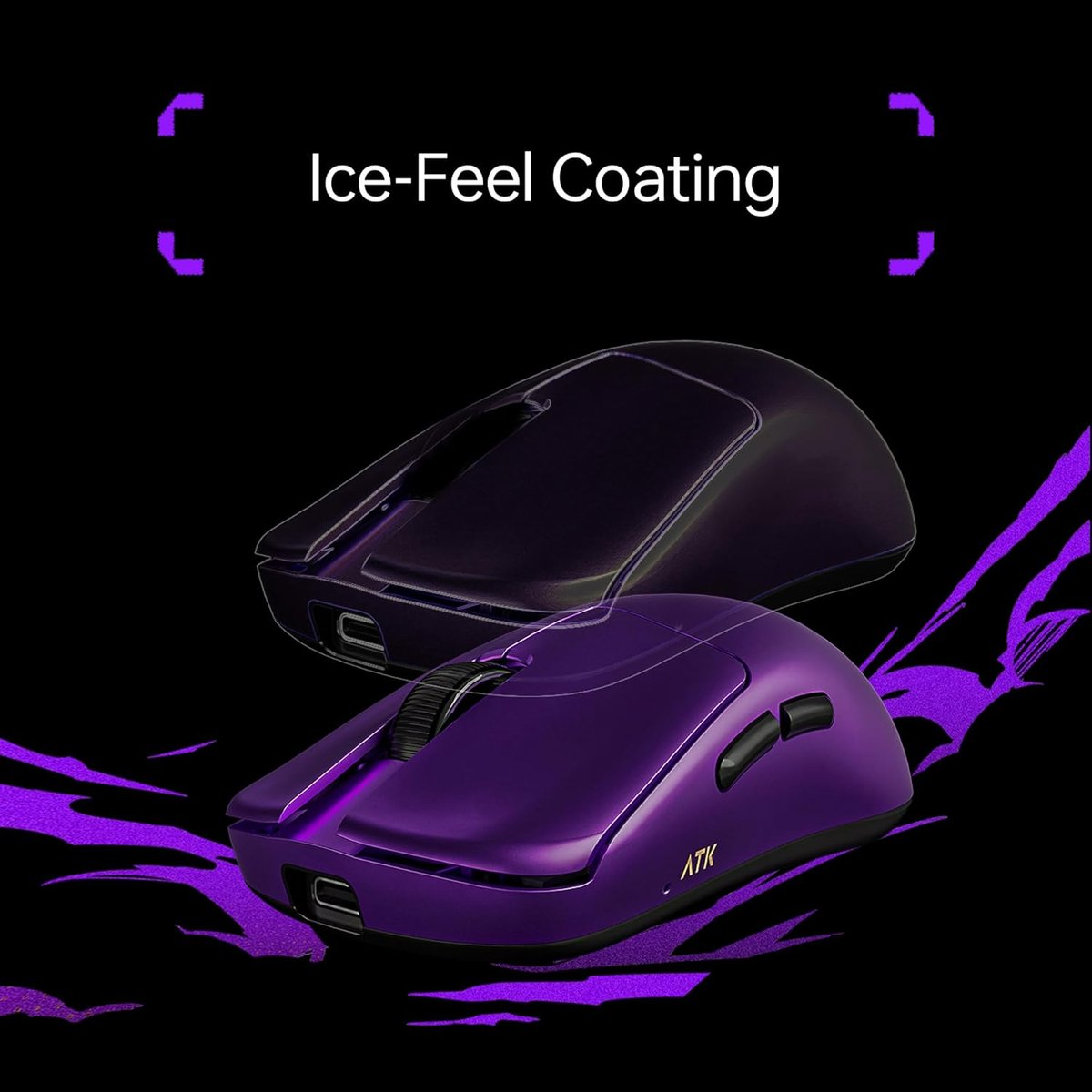 Twee paarse muizen met "Ice-Feel Coating" tekst op zwarte achtergrond.