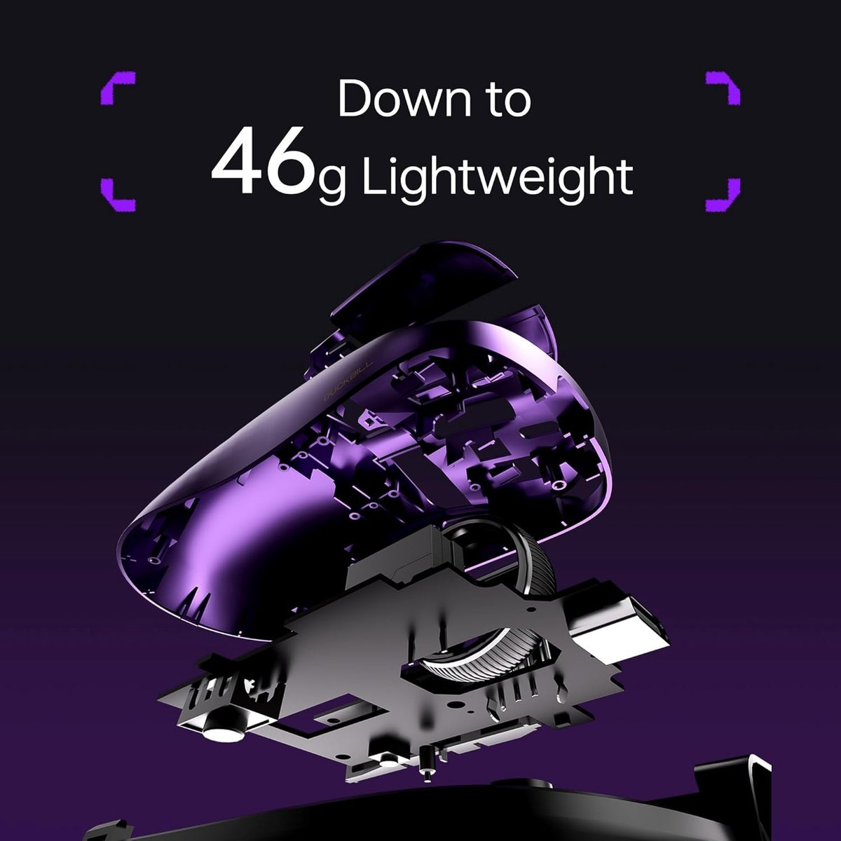 Exploded view van een paarse muis met tekst "Down to 46g Lightweight".